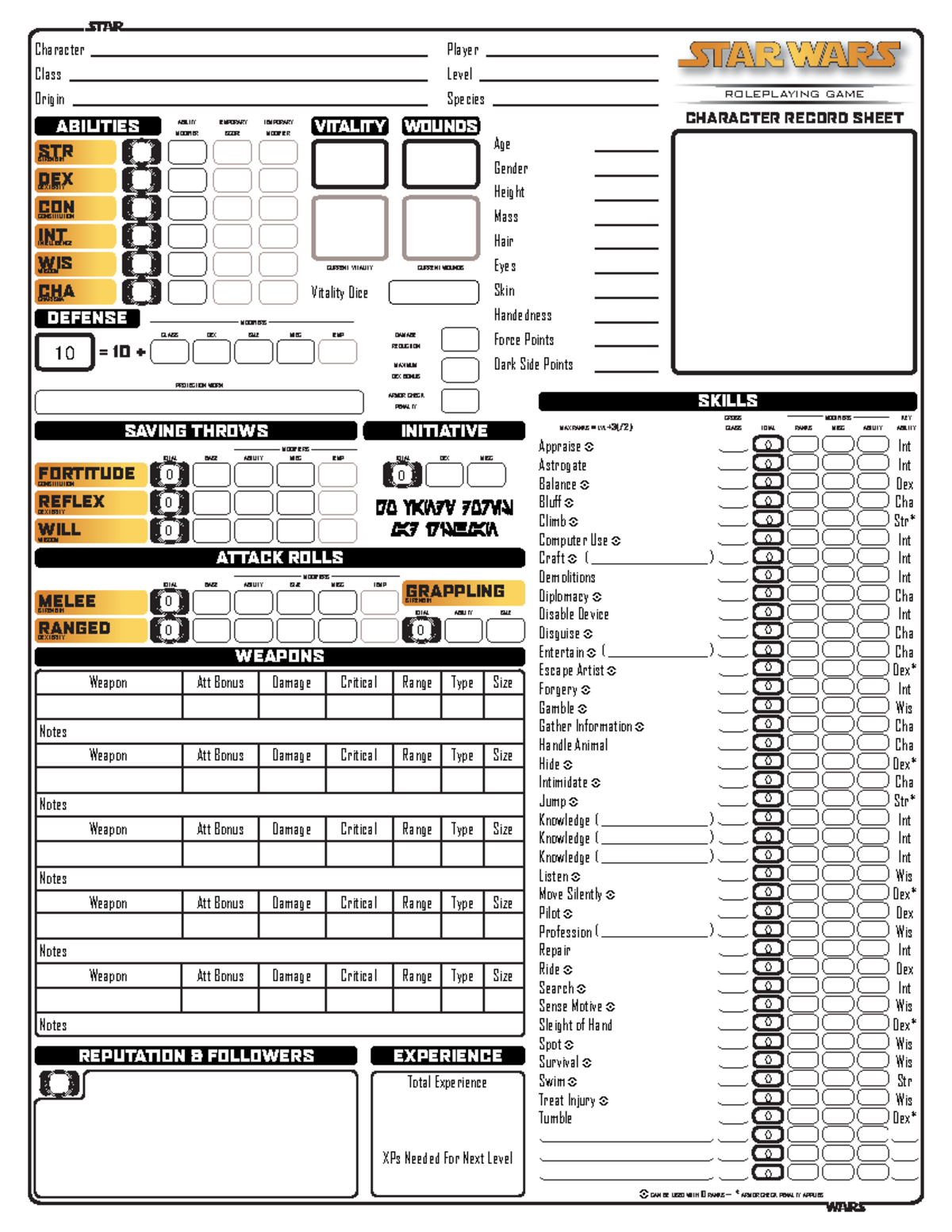 MI Star Wars Char Form Rev 151 - WARS STAR Appraise ^ Int Astrogate Int ...