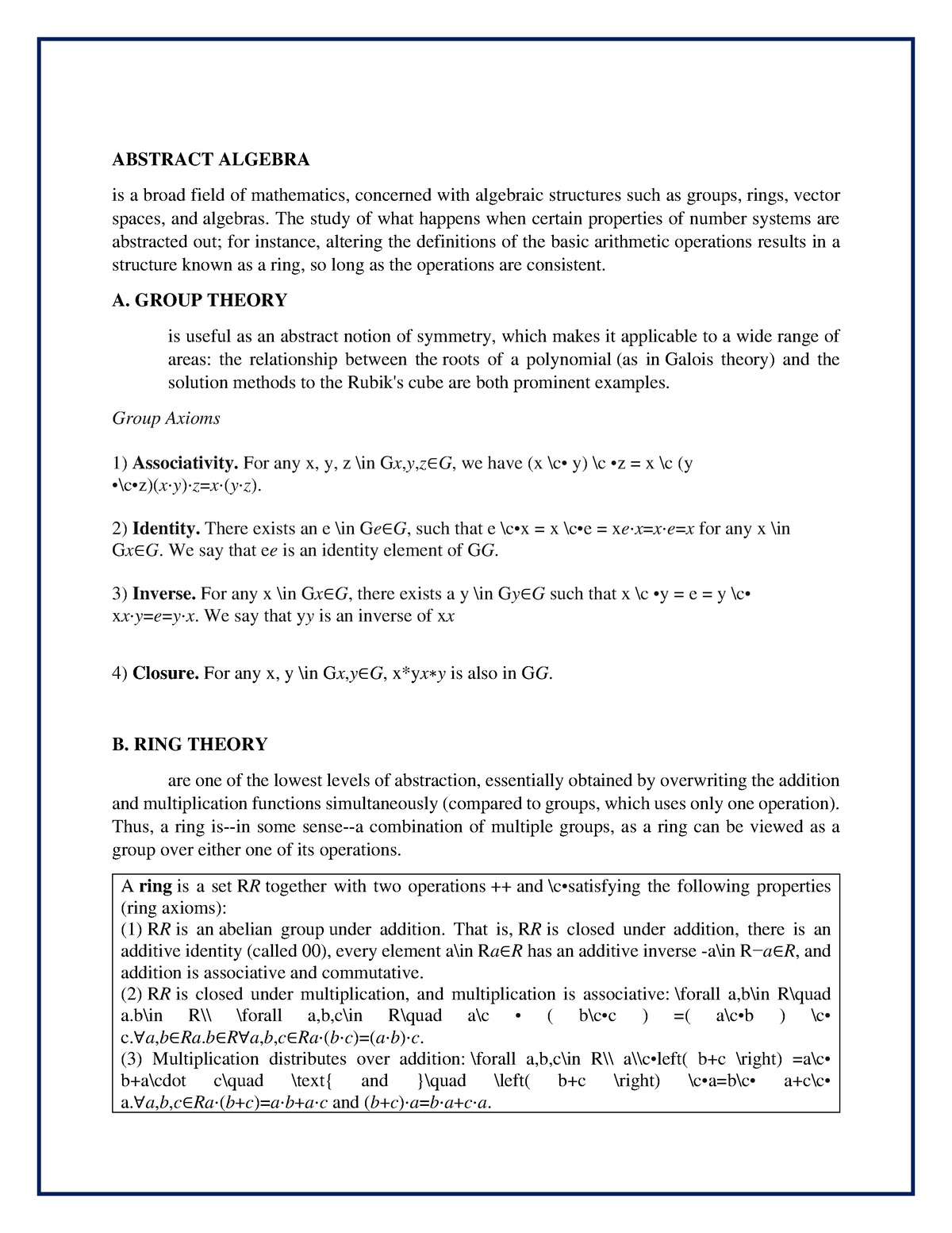 G12 - ABSTRACT ALGEBRA is a broad field of mathematics, concerned with ...