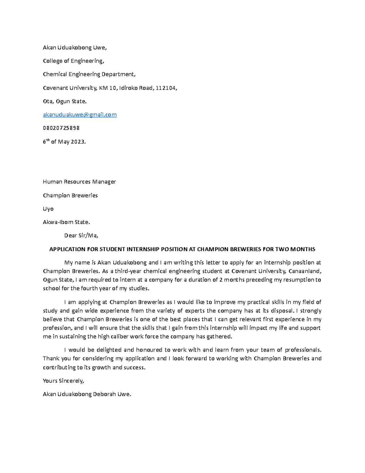 Application for Internship - Akan Uduakobong Uwe, College of ...
