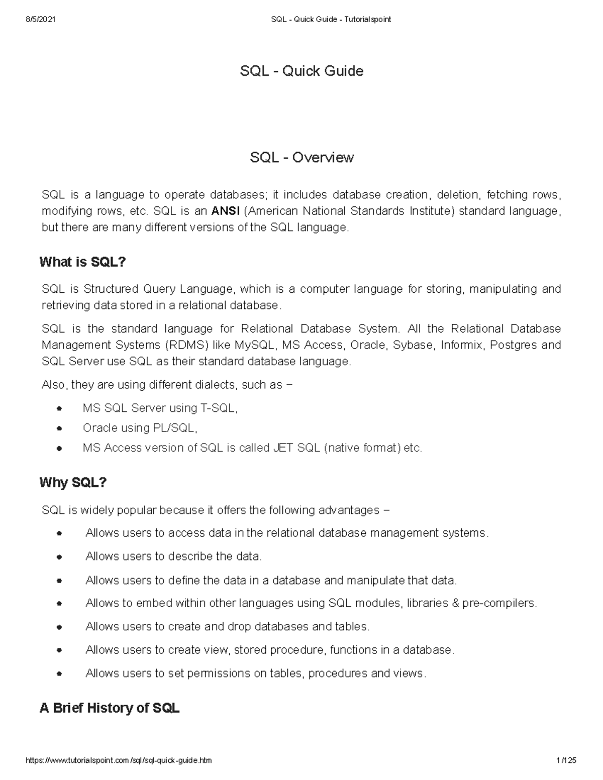 SQL - Quick Guide - NOTES - SQL - Quick Guide SQL - Quick Guide SQL ...