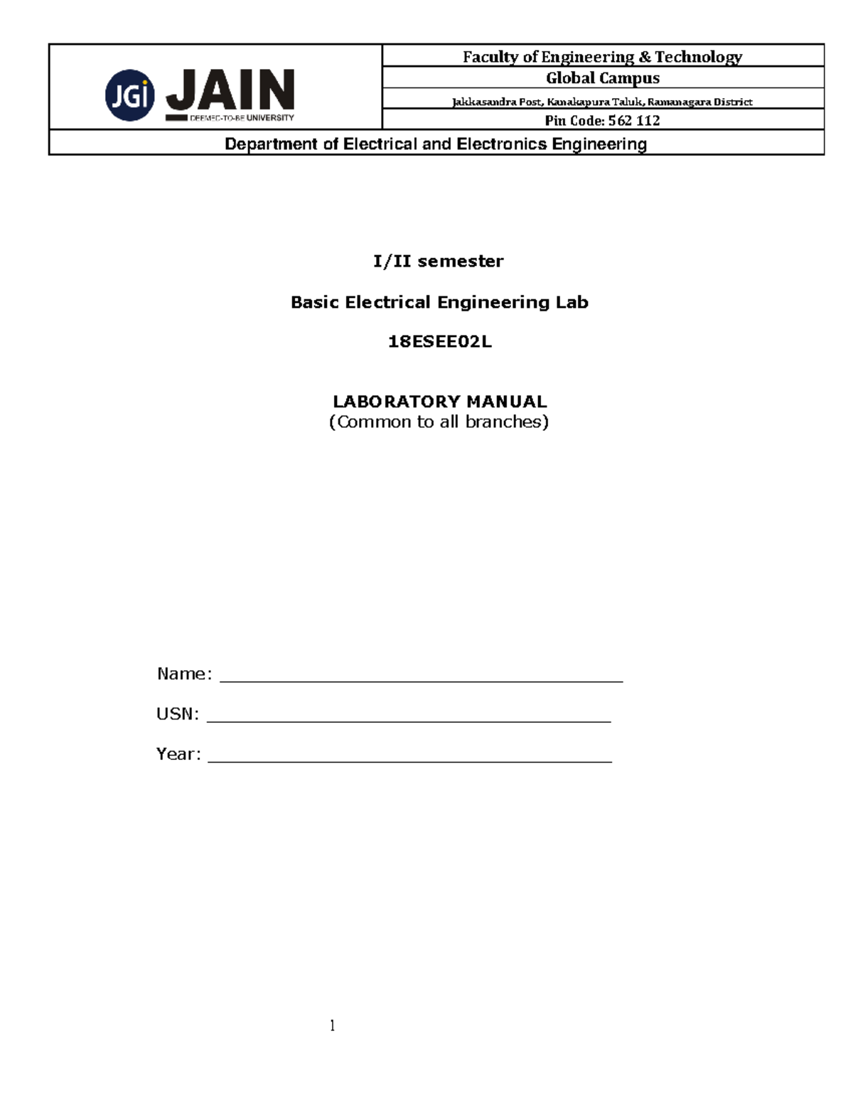 BEE Lab Manual -2020 - Faculty of Engineering & Technology Global ...