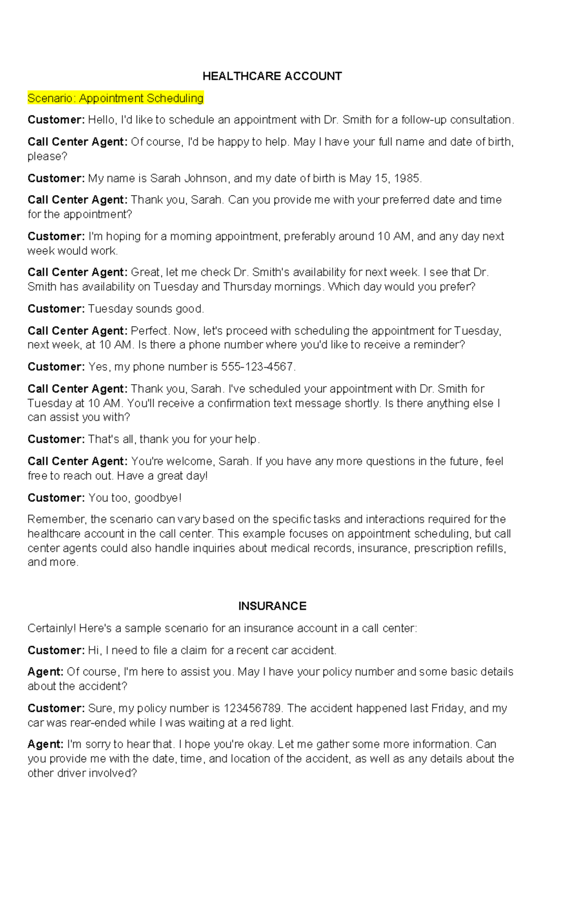 Sample mock call script - HEALTHCARE ACCOUNT Scenario: Appointment ...