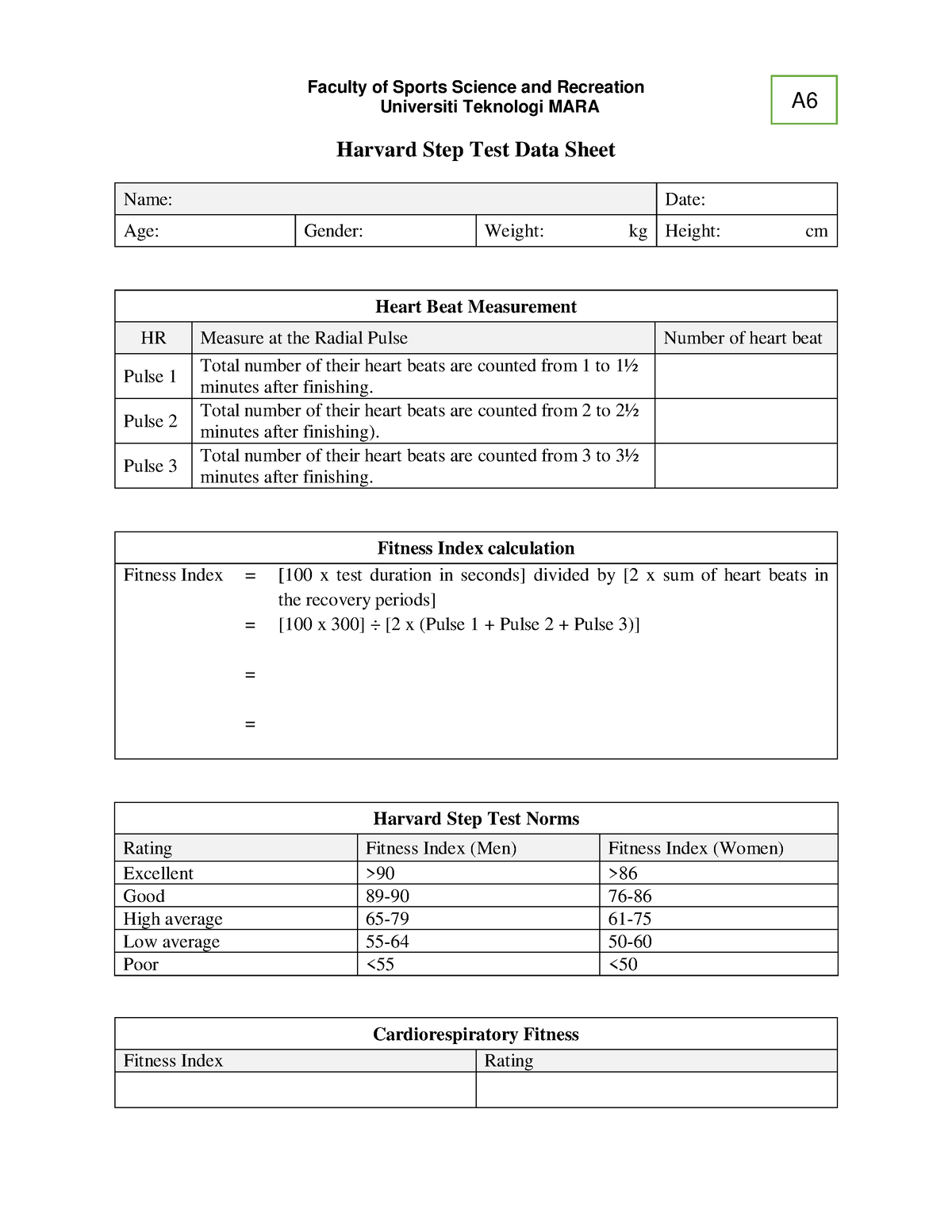 A6 Harvard Step Test Data Sheet - Faculty of Sports Science and ...