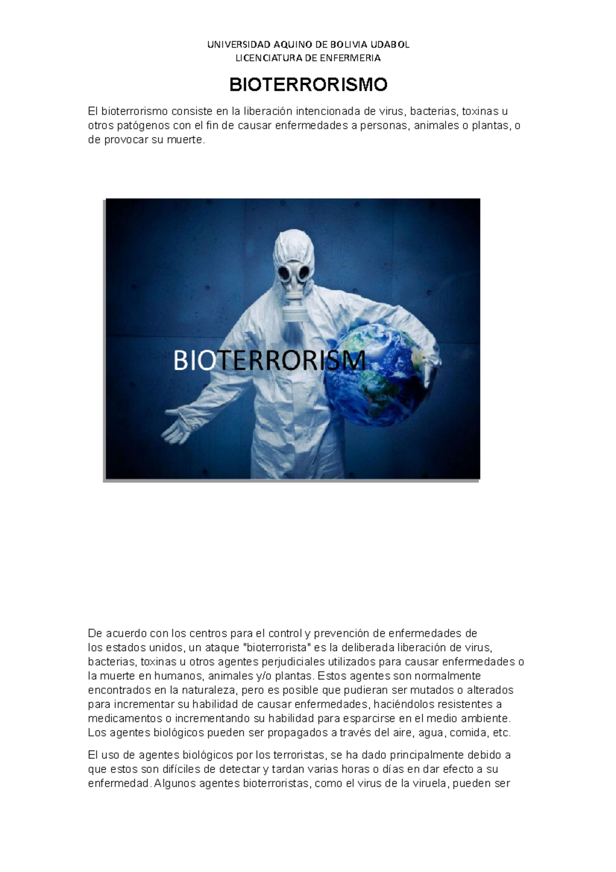 Bioterrorismo pat - Lo mas importante de la carrera - LICENCIATURA DE ...