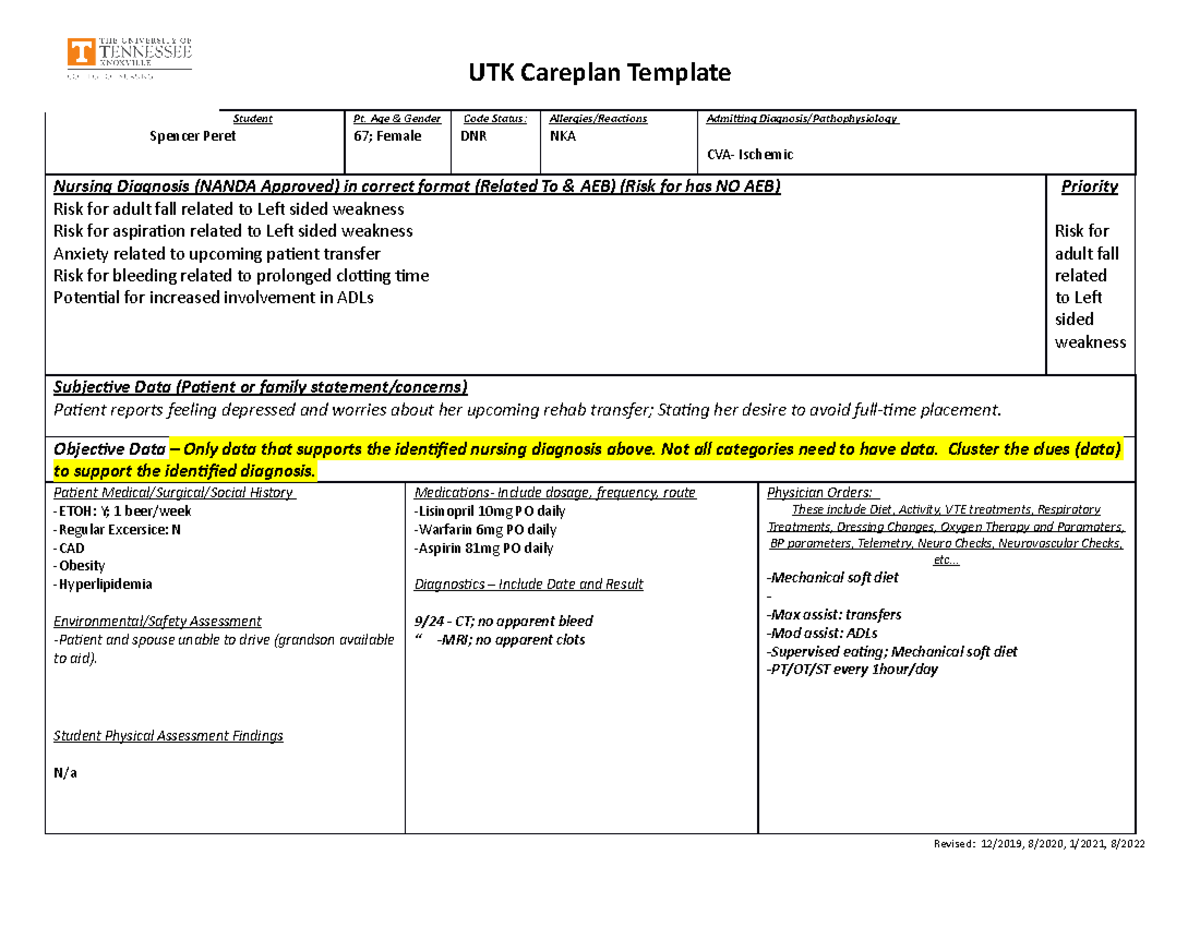 Careplan Lab 1DONE Anime time UTK Careplan Template Student Spencer