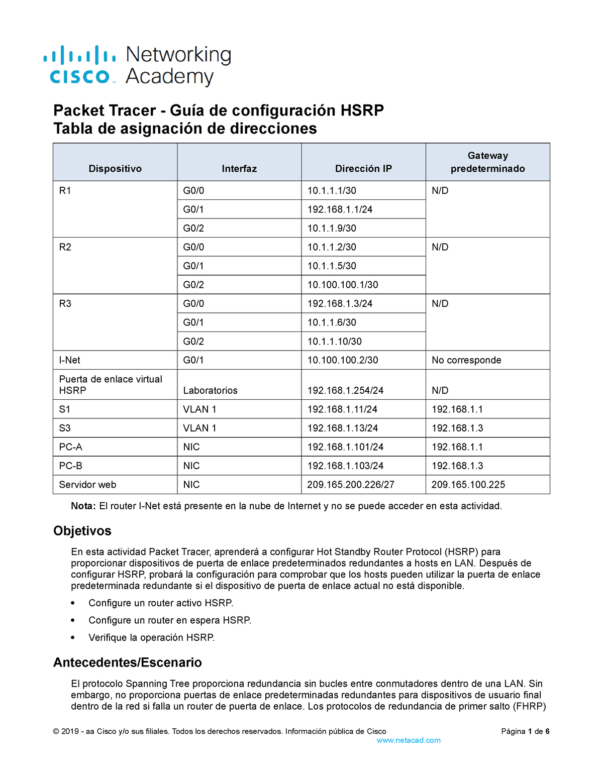 9 Packettracer Tabla De Asignación De Direcciones Dispositivo Interfaz Dirección Ip 0833