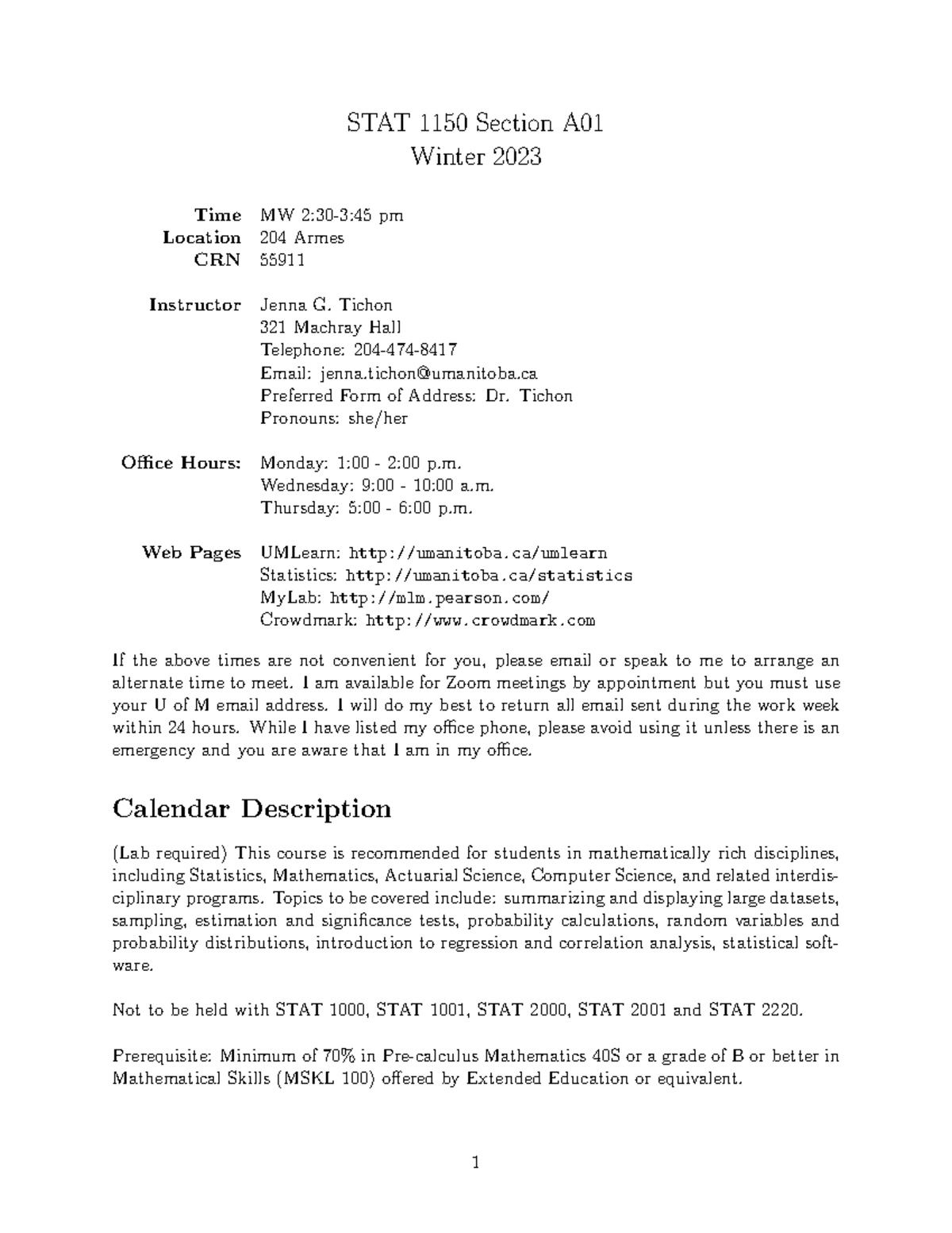 A01 1150 Outline W23 - lecture notes - STAT 1150 Section A Winter 2023 ...