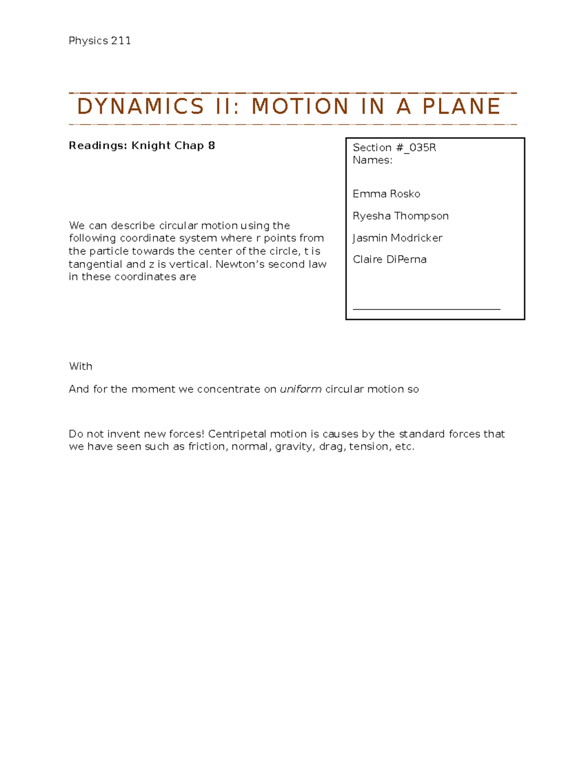 Rec07 2DDynamics Racing Lab - Physics 211 DYNAMICS II: MOTION IN A ...