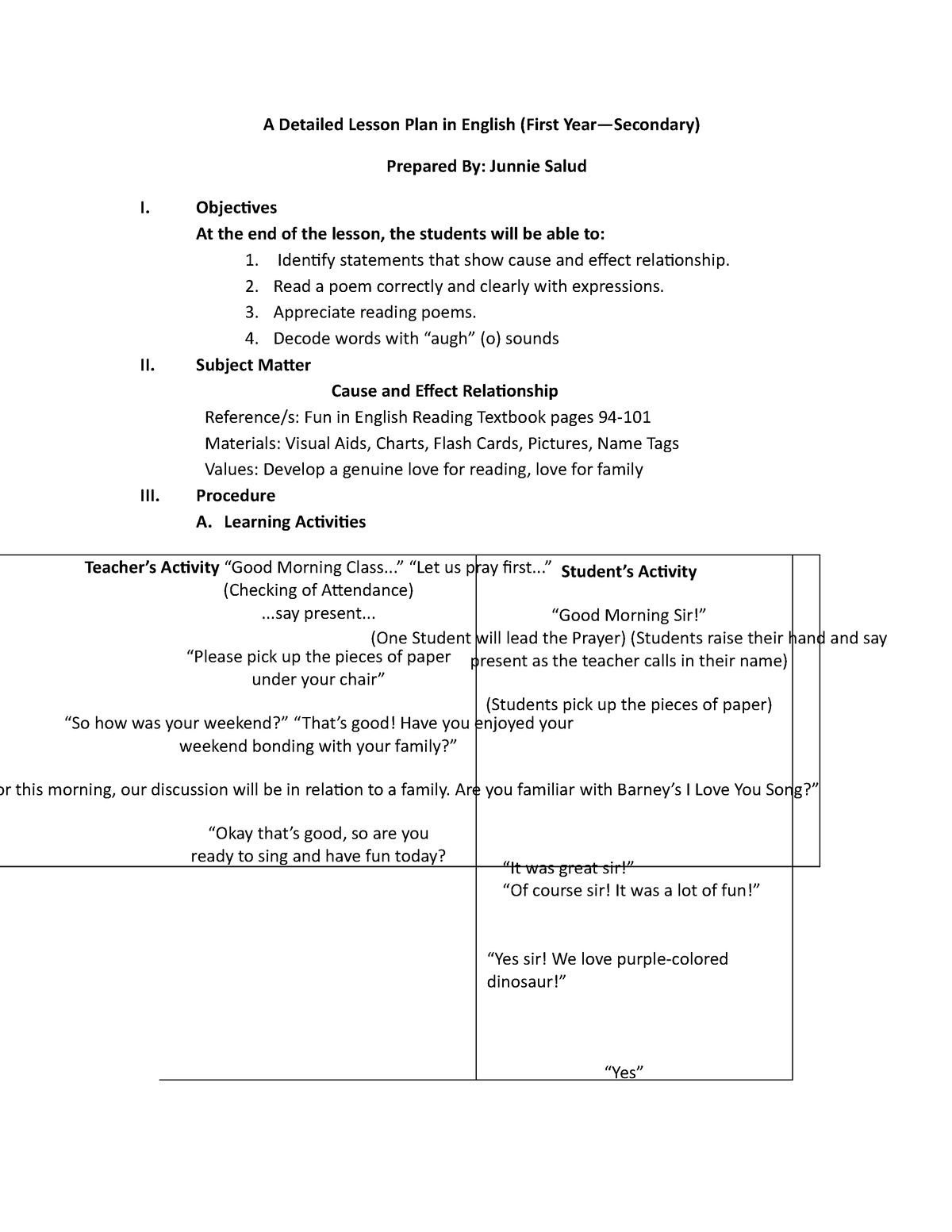 A Detailed Lesson Plan in English First - “Yes” “Yes sir! We love ...