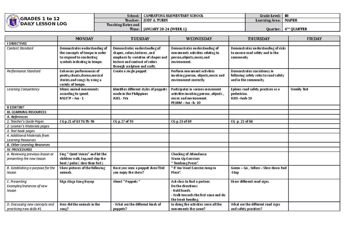 DLL Mapeh 3 Q4 W1 - iiii - GRADES 1 to 12 DAILY LESSON LOG School ...