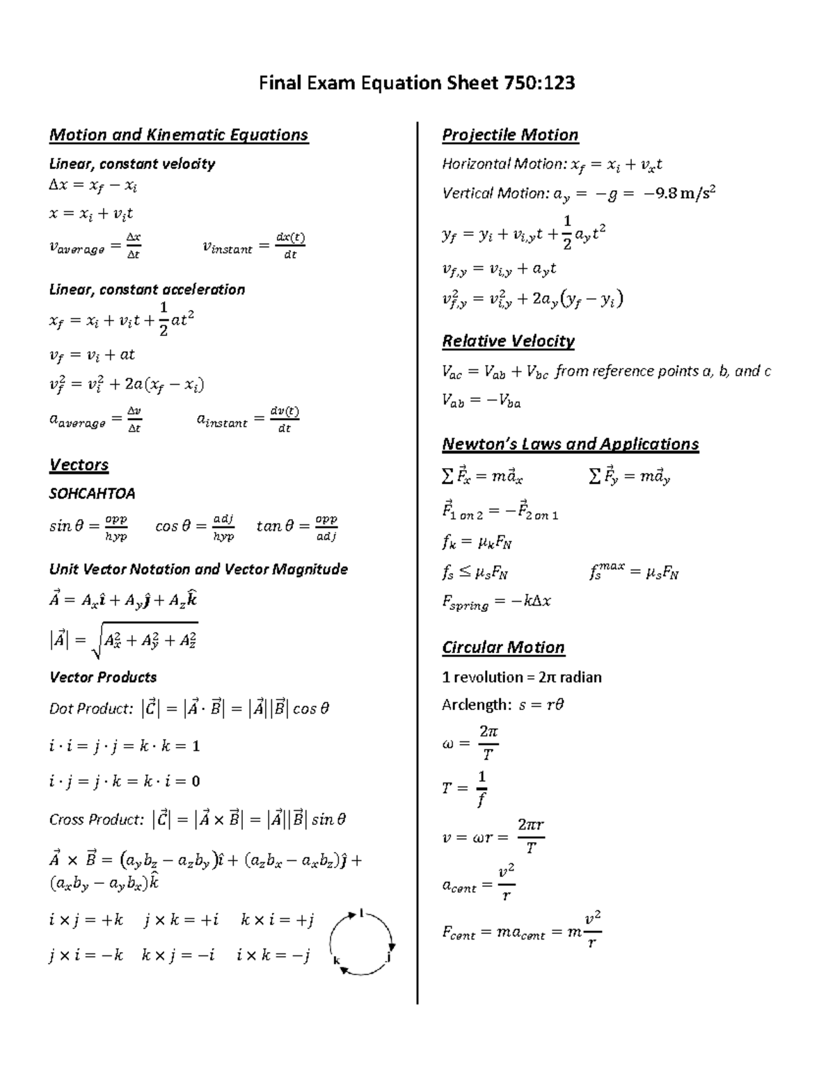 Final Exam Equation Sheet - 8 m/s 2 𝑦𝑓 = 𝑦𝑖 + 𝑣𝑖,𝑦𝑡 + 1 2 𝑎𝑦𝑡 2 𝑣𝑓,𝑦 ...