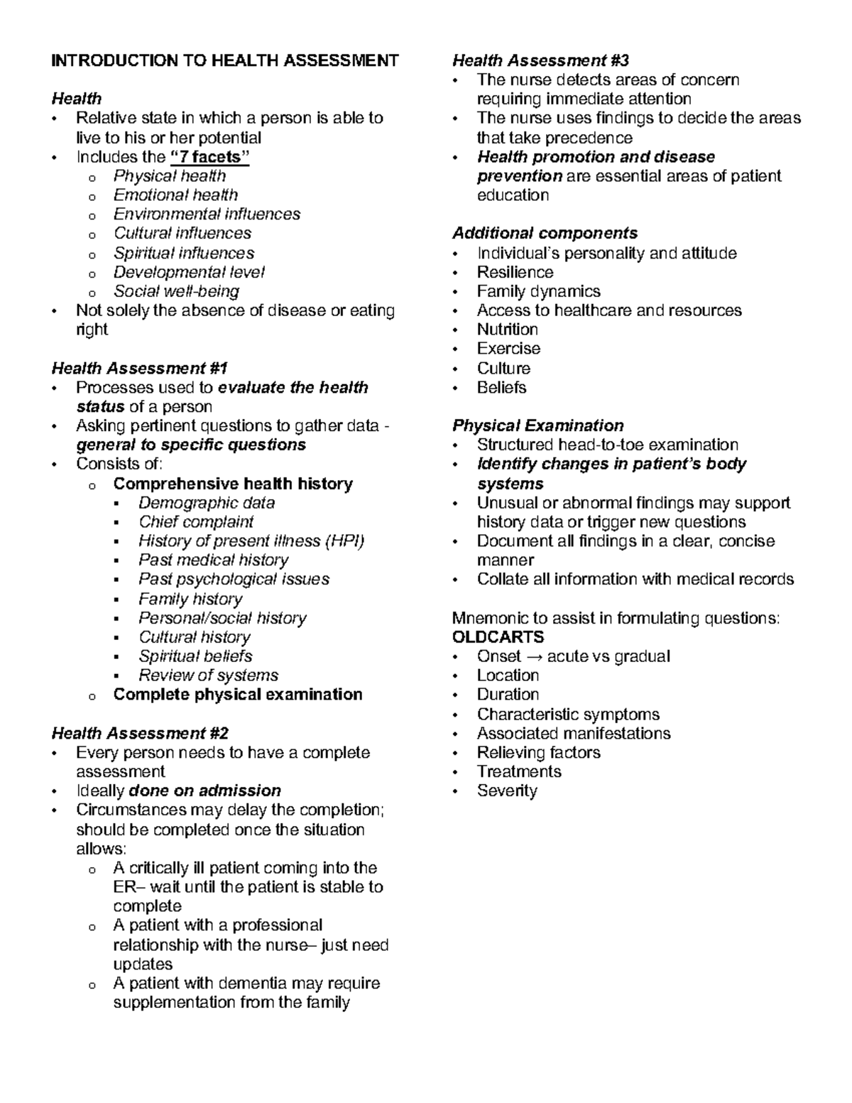 Introduction TO Health Assessment - INTRODUCTION TO HEALTH ASSESSMENT ...