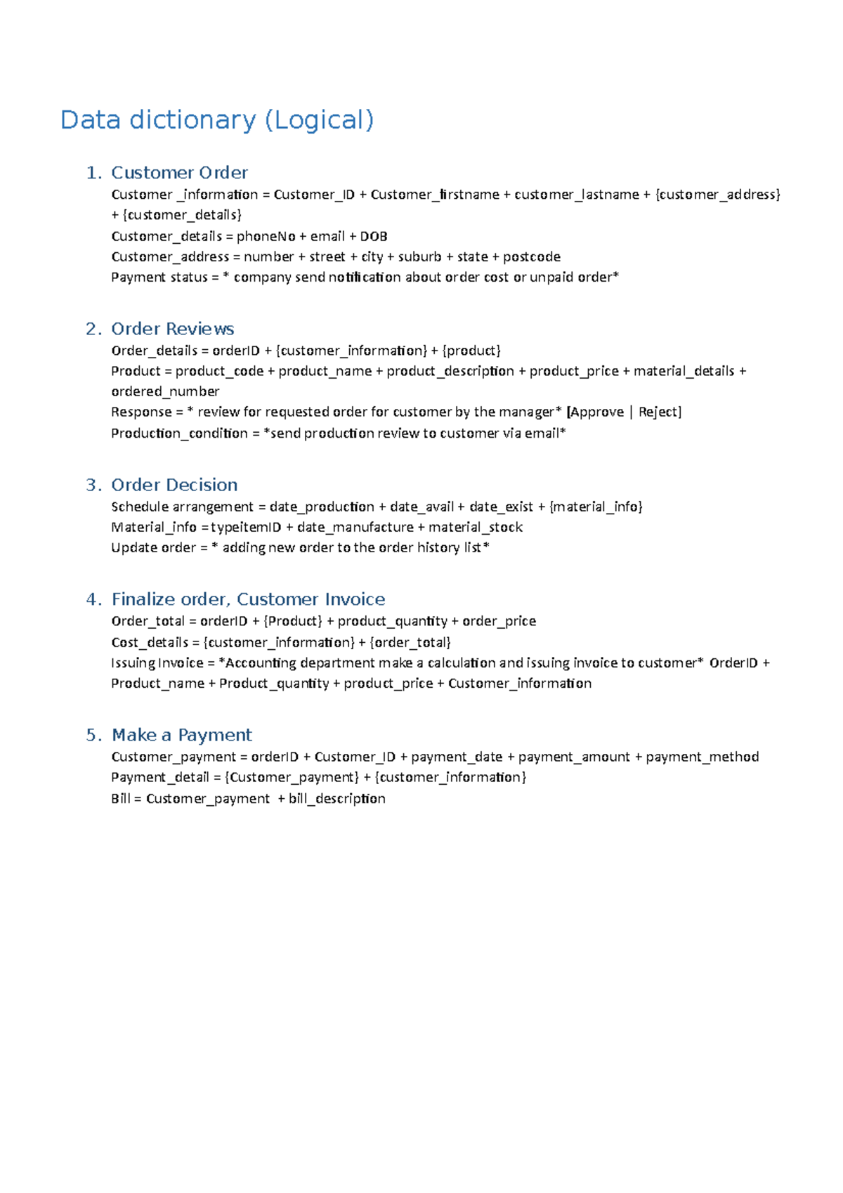 Data dictionary - 1. Customer Order Customer _information = Customer_ID ...