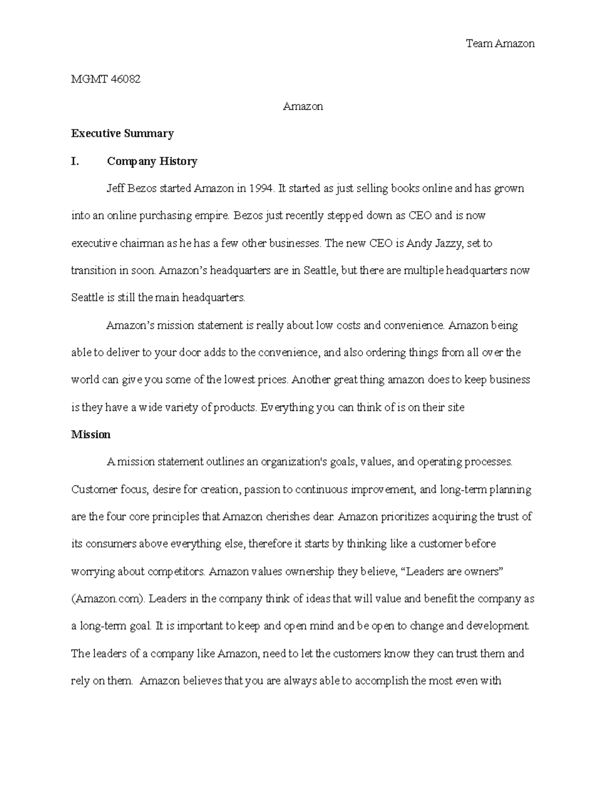Amazon Team Paper Homework MGMT 46082 Amazon Executive Summary I