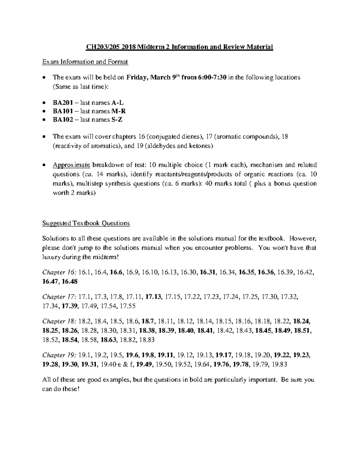 Midterm Review 2 March 2018, questions - CH203/205 2018 Midterm 2 ...
