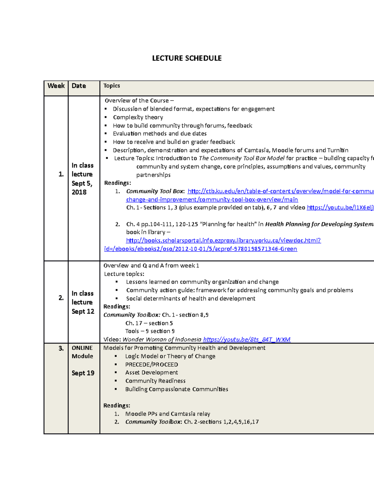 3 Lecture Schedule - LECTURE SCHEDULE Wee k Date Topics 1. In class ...