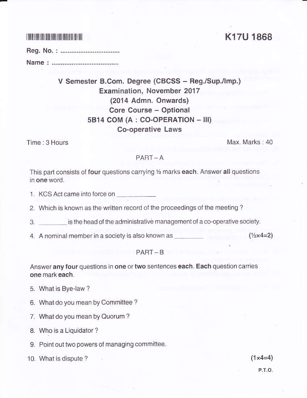 KU B - Question Paper - I T I I I Fllit Res. No. : K17U 1868 Name ...