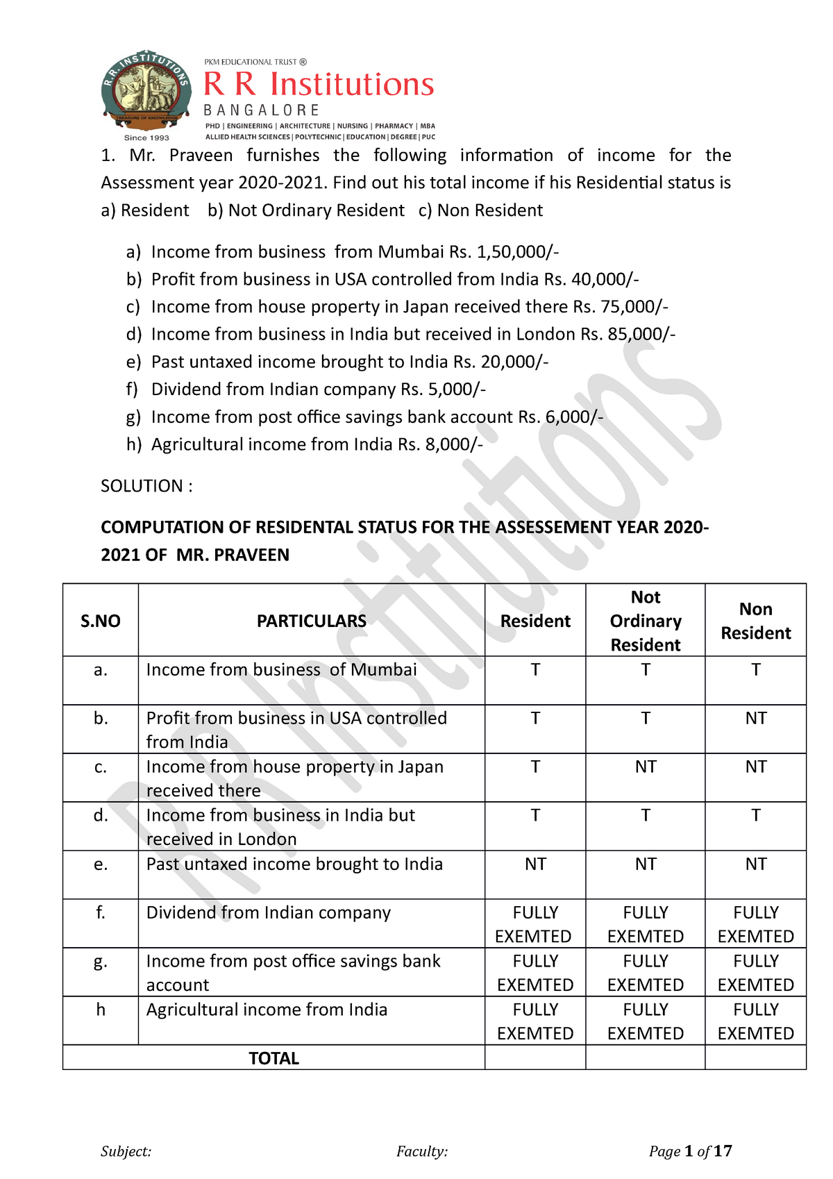 Problems On Residental Status Mr Praveen Furnishes The Following 