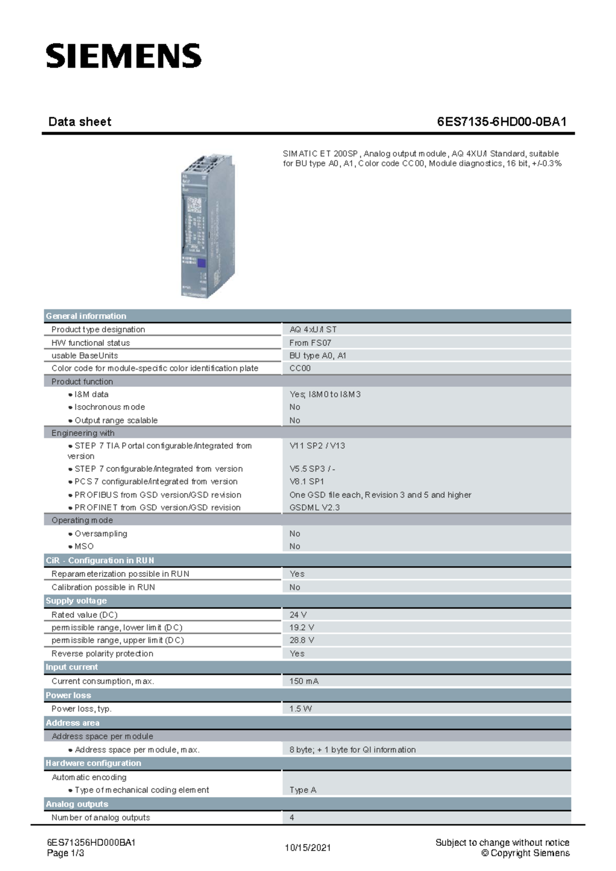 6ES71356 HD000BA1 datasheet en - Data sheet 6ES7135-6HD00-0BA SIMATIC