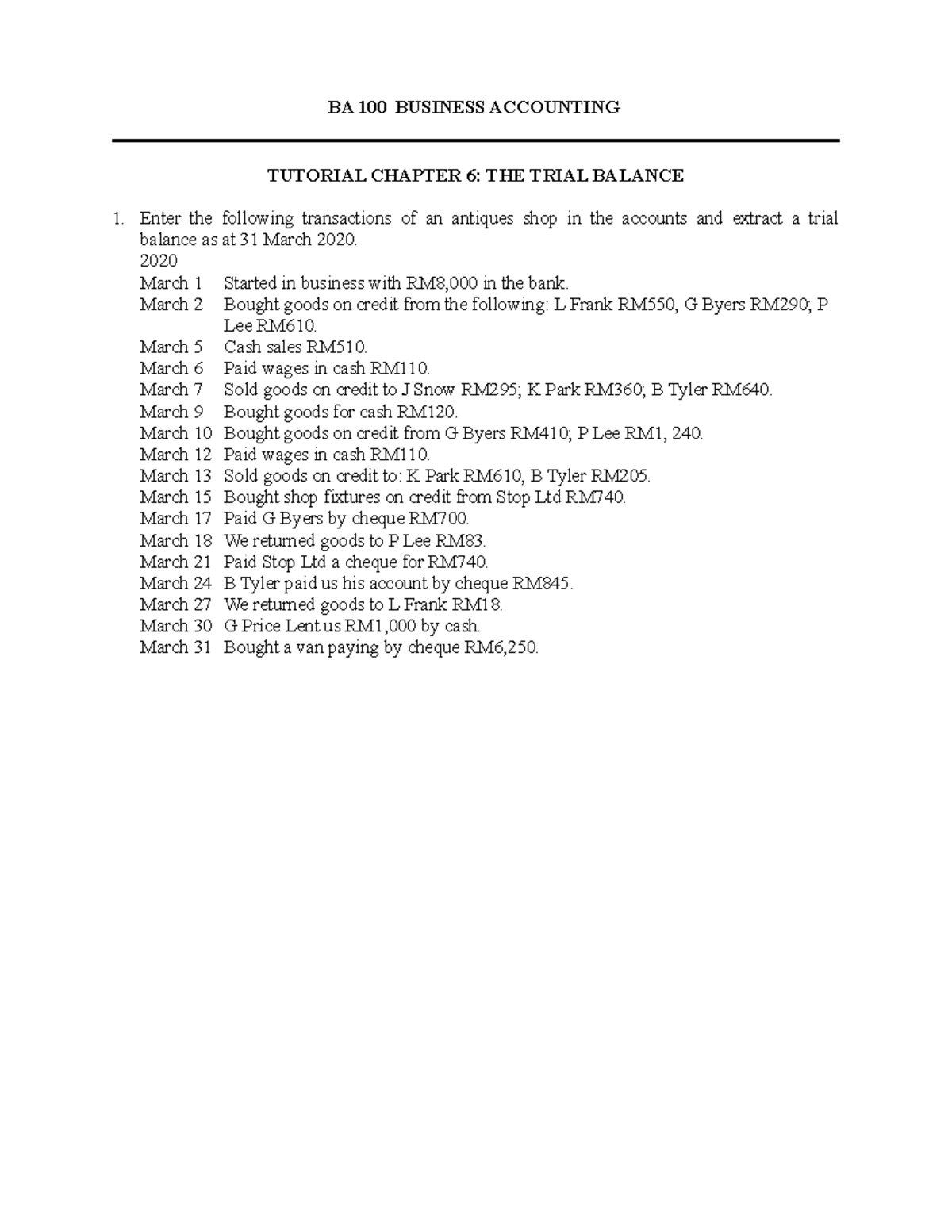 BA 100 Business Accounting - Tutorial Question Chapter 6 - Trial ...