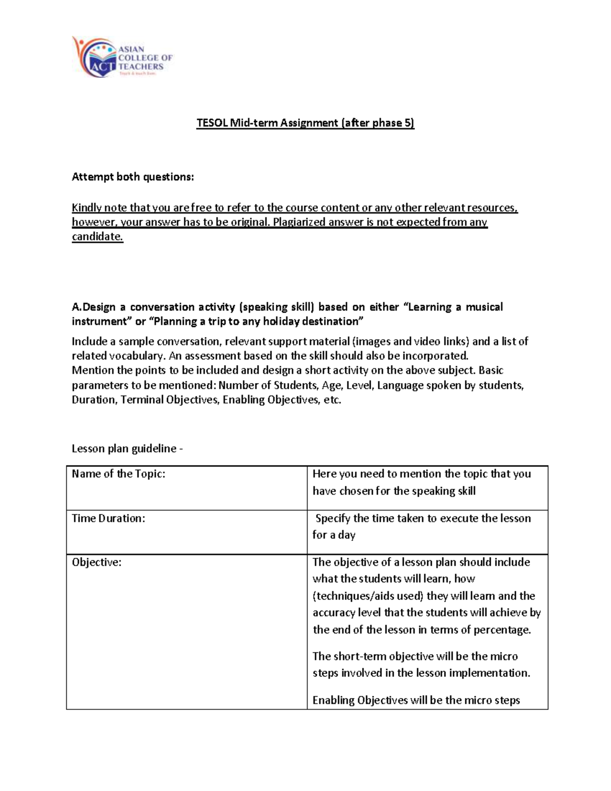 tesol assignment sample