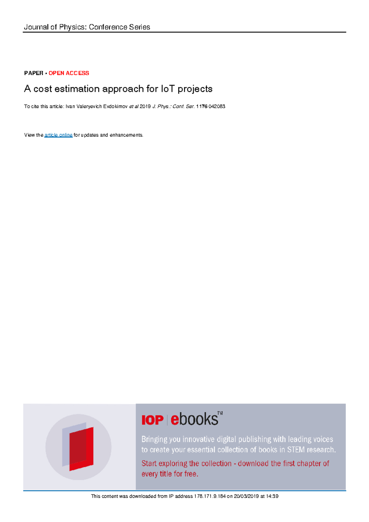 A cost estimation approach for Io T projects - Journal of Physics ...