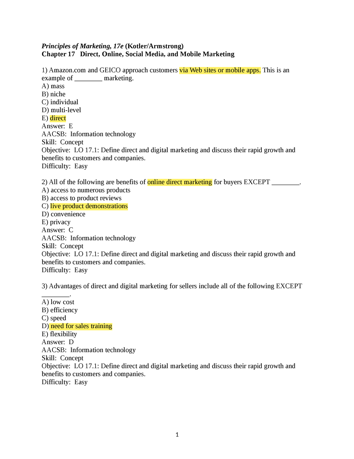 Chapter 17 - Testbank - Principles Of Marketing, 17e (Kotler/Armstrong ...