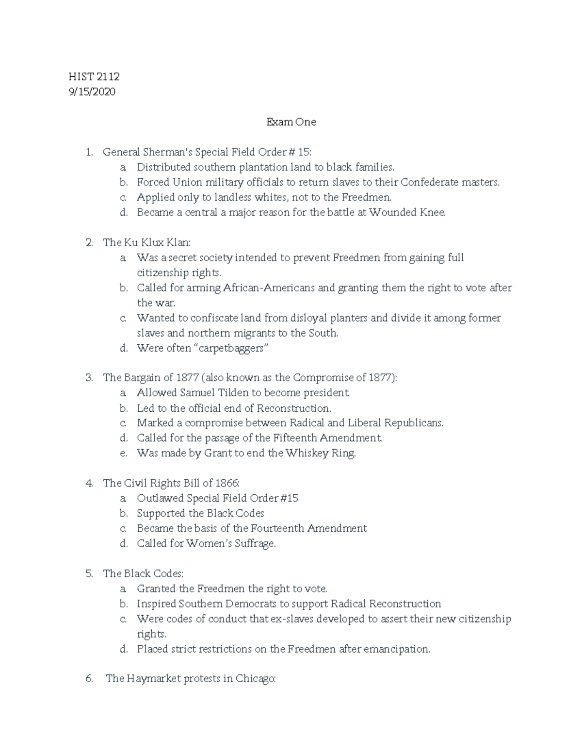 HIST 2112 Midterm 1 HIST 2112 9/15/ Exam One General Sherman's