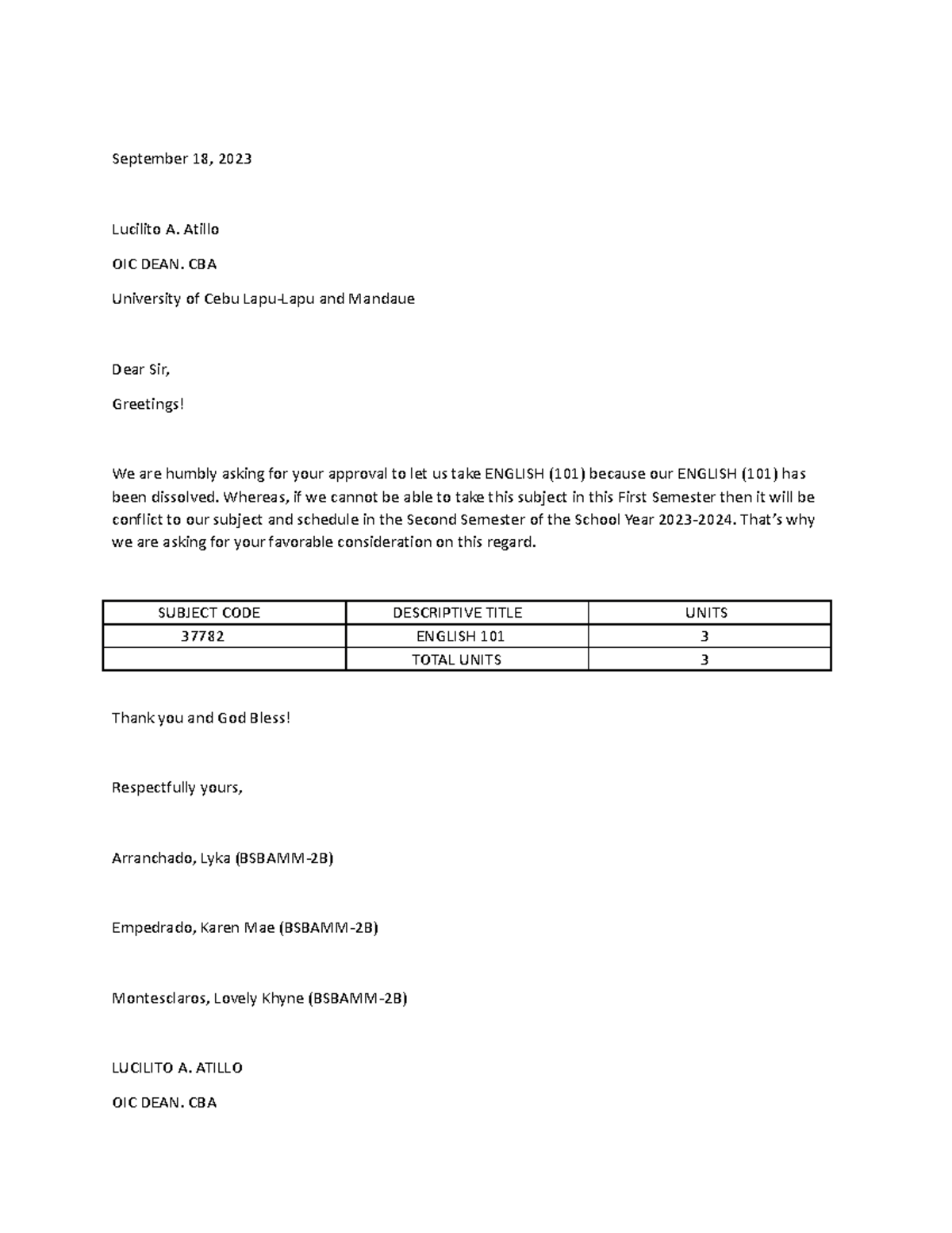 September-18 - Doc - September 18, 2023 Lucilito A. Atillo OIC DEAN ...