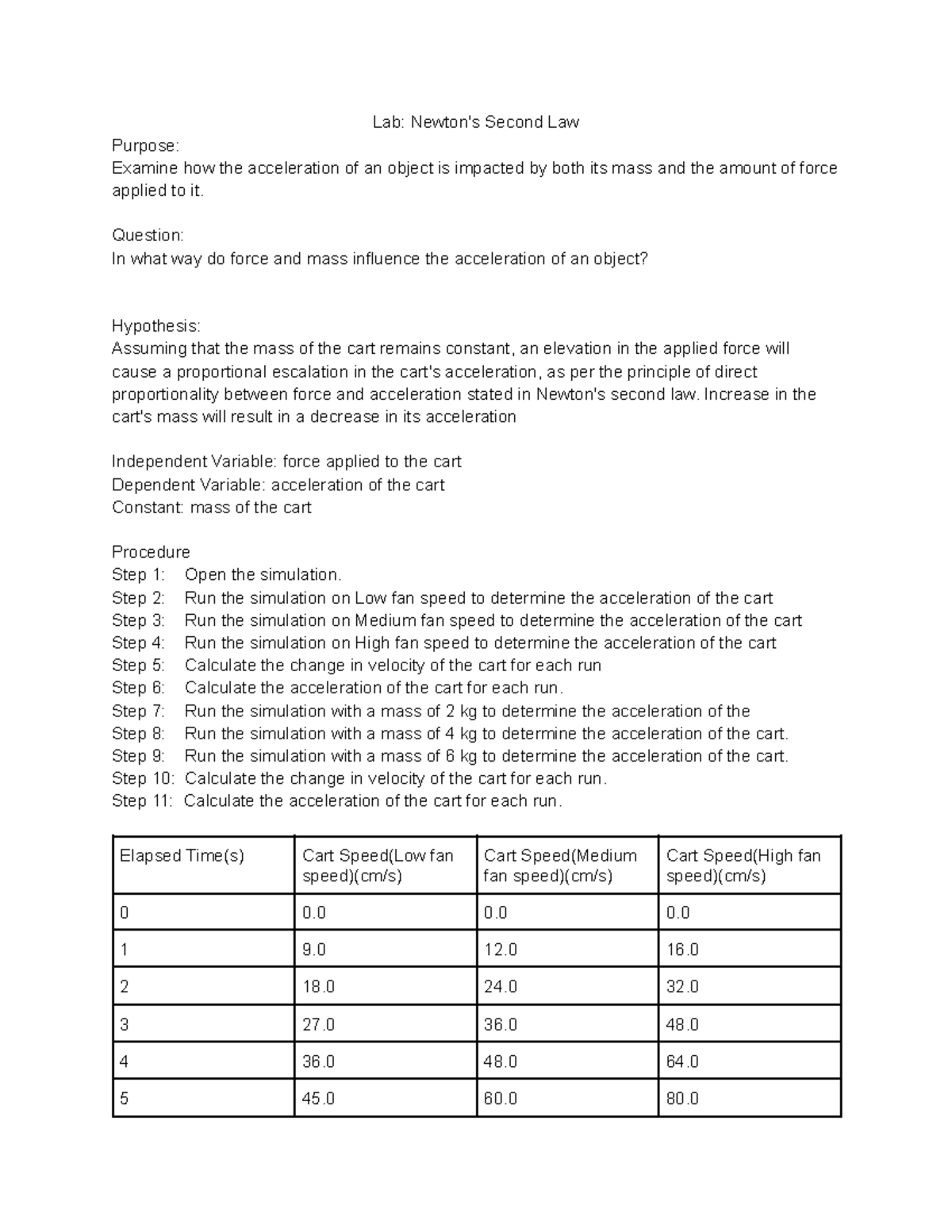 Lab Newton's Second Law - Lab: Newton's Second Law Purpose: Examine How ...