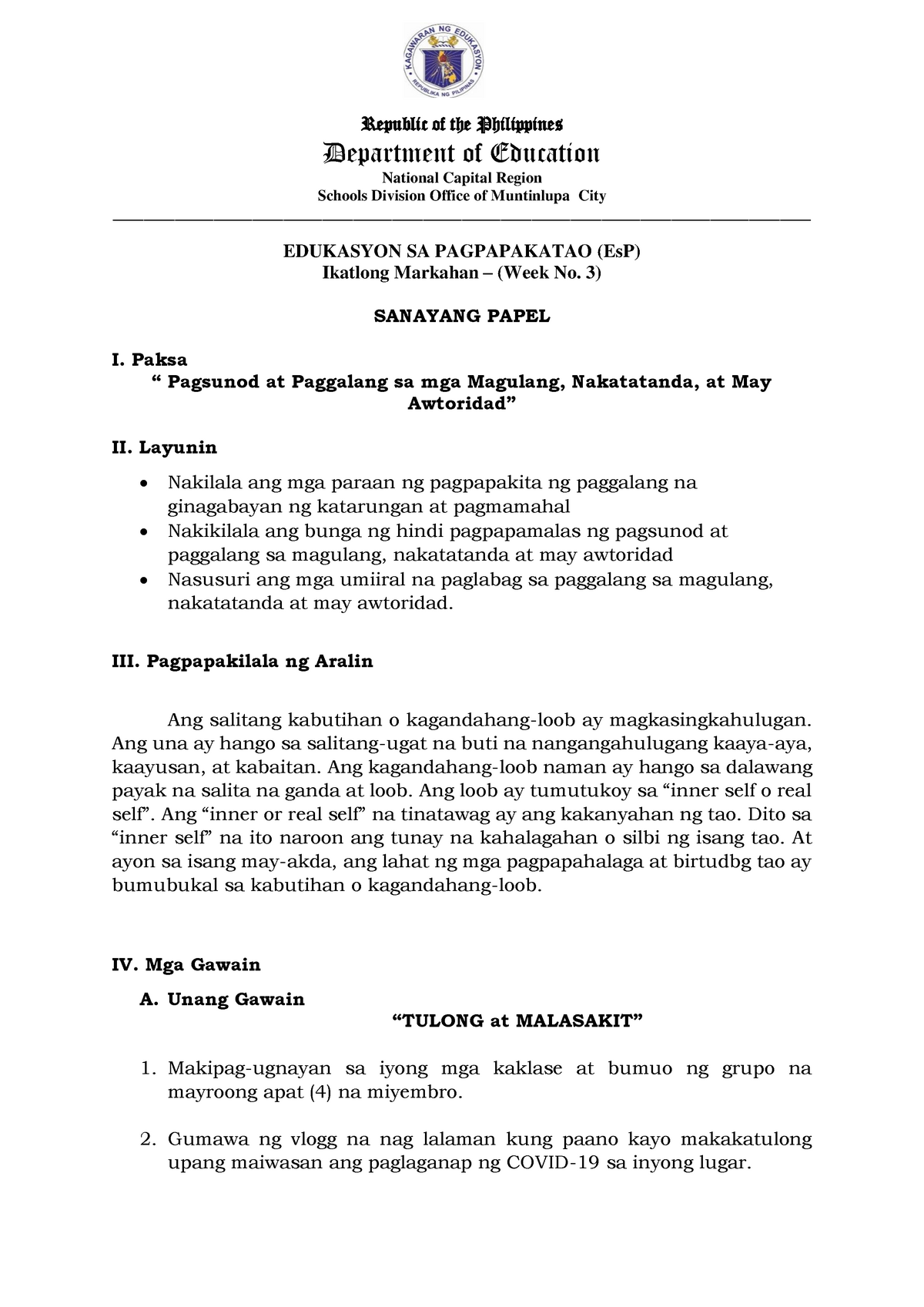 Es P 8 3rd Quarter Activity Sheets Week 3 - Republic Of The Philippines ...