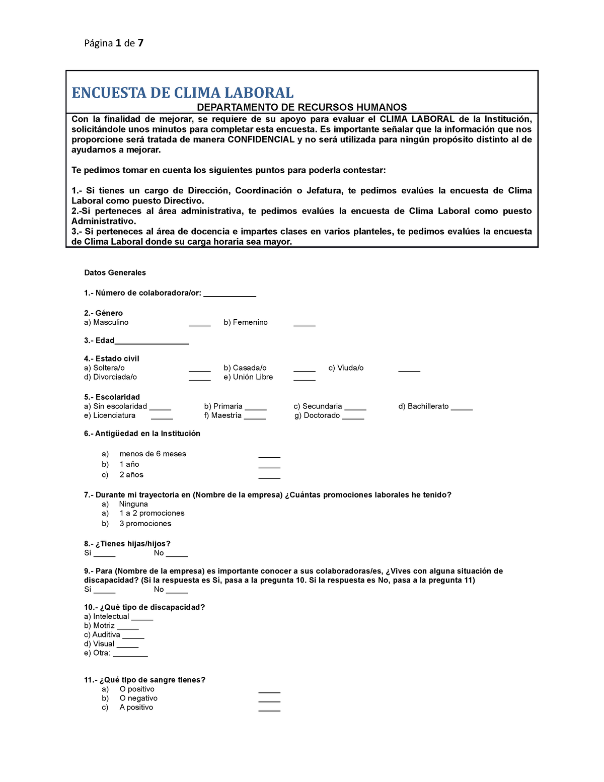 Formato Para Aplicación De Clima Laboral Encuesta De Clima Laboral Departamento De Recursos 0200