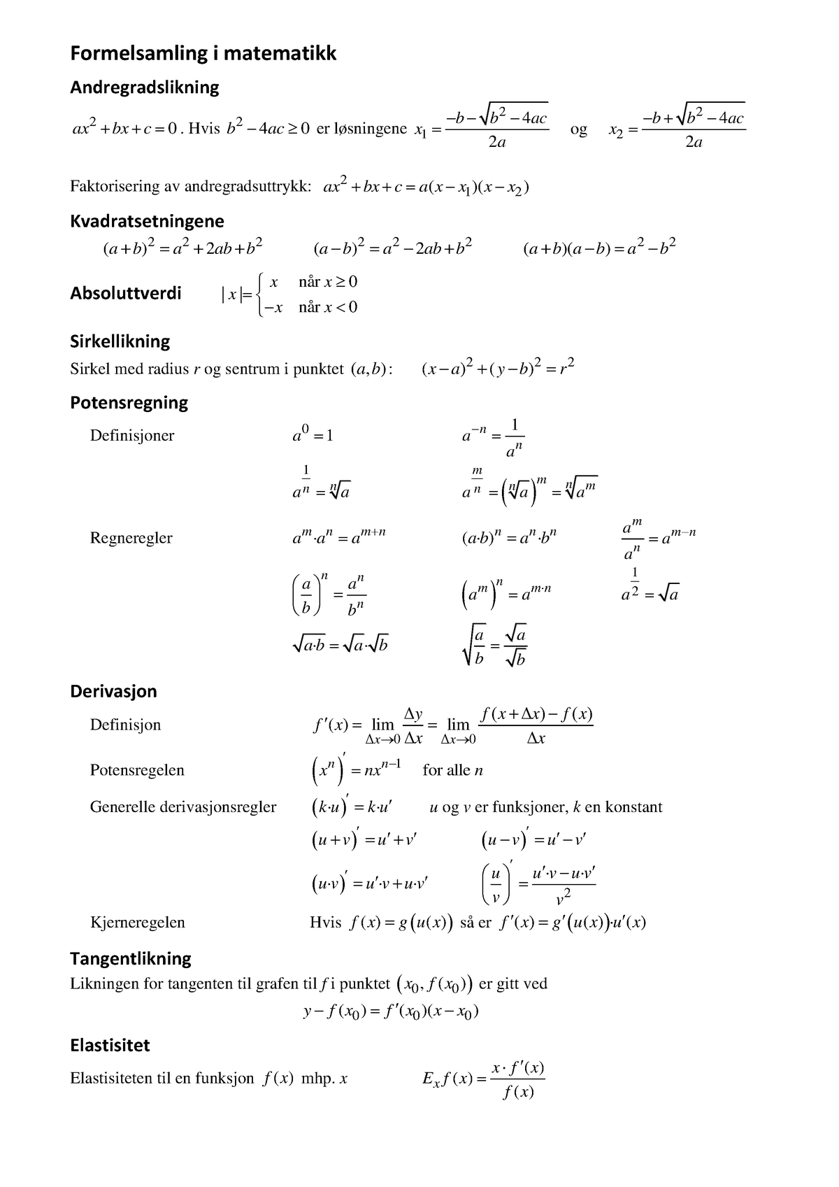 Formelsamling Matte 1 - Formelsamling I Matematikk Andregradslikning 2 ...