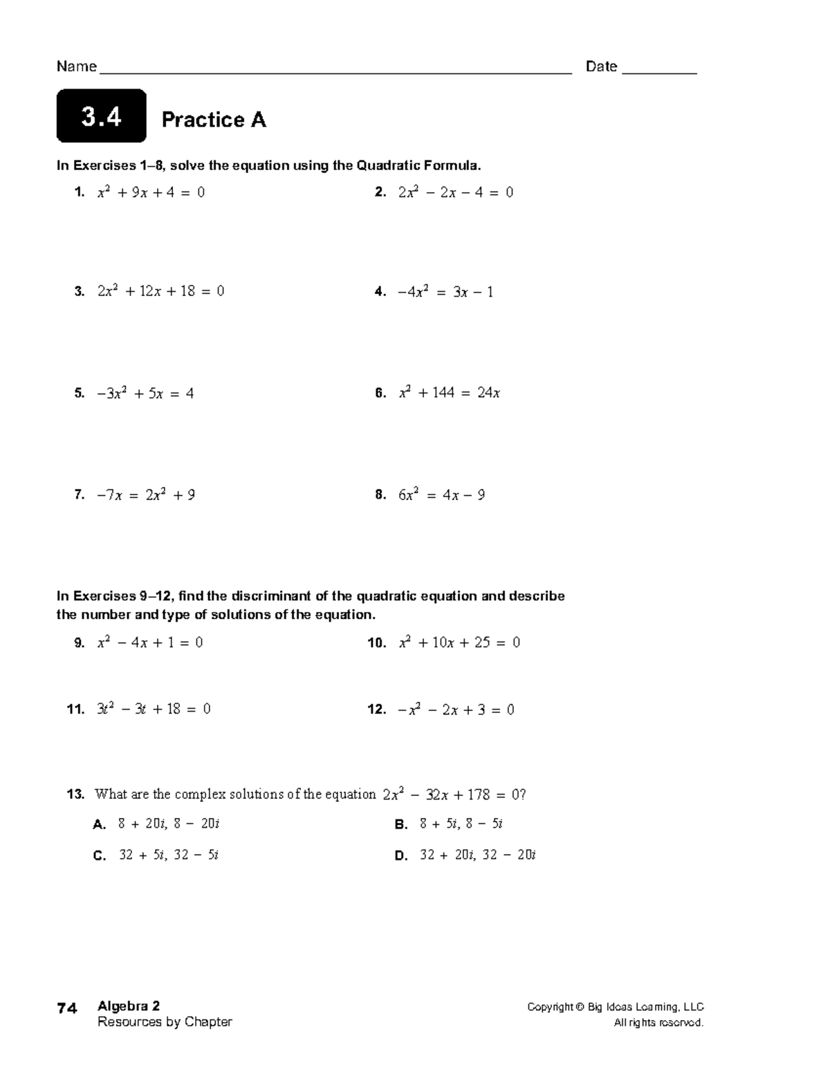 Algebra II Section 3.4 WKS - Algebra 2 Copyright © Big Ideas Learning ...