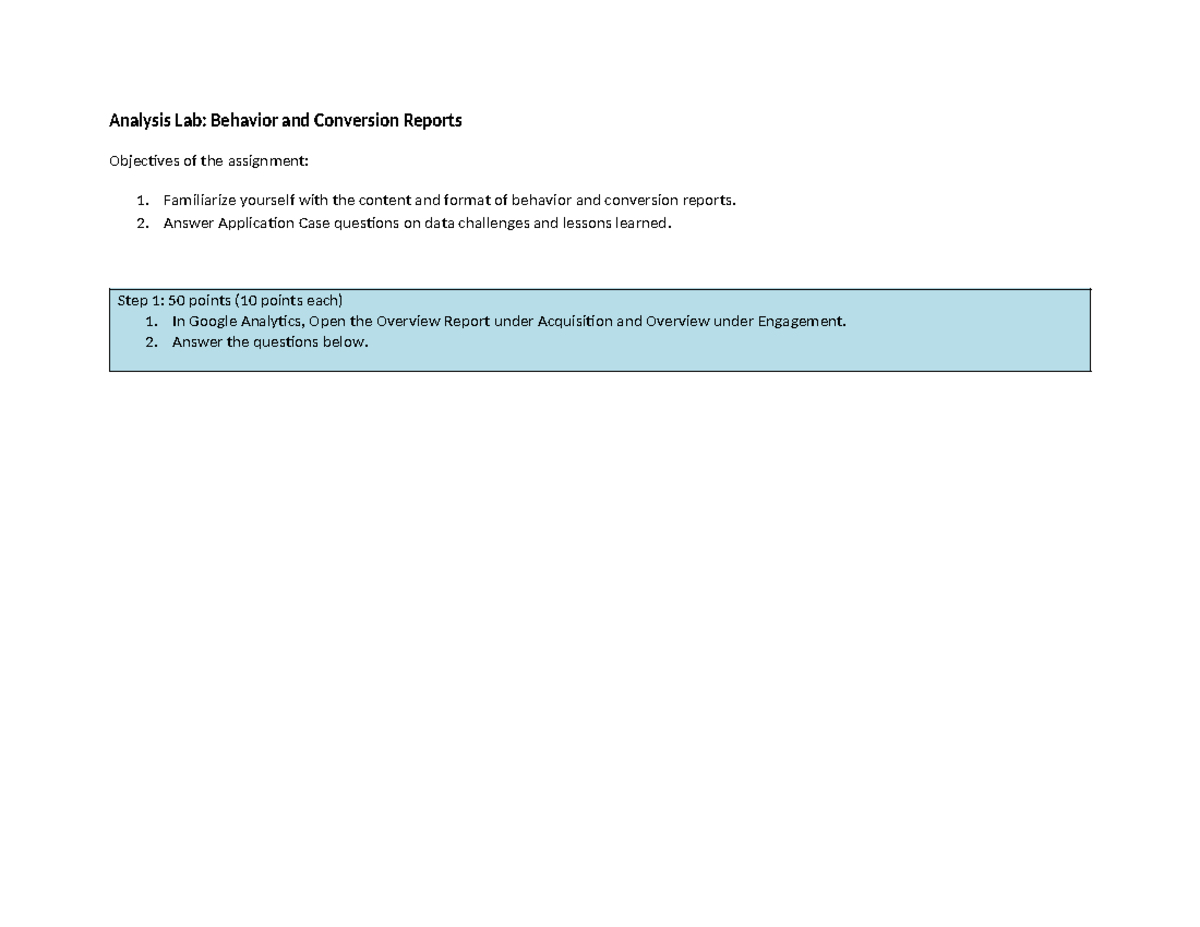 BIAM420 W3 Lab Akbar - Analysis Lab: Behavior and Conversion Reports ...