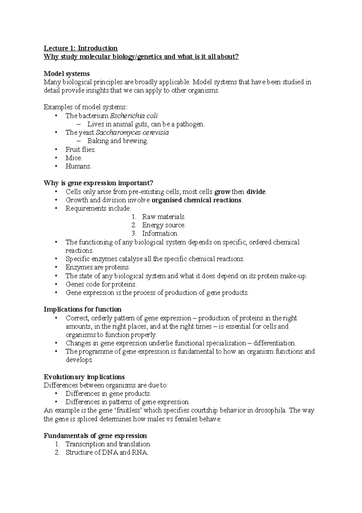 Molecular biology lecture notes - Lecture 1: Introduction Why study ...
