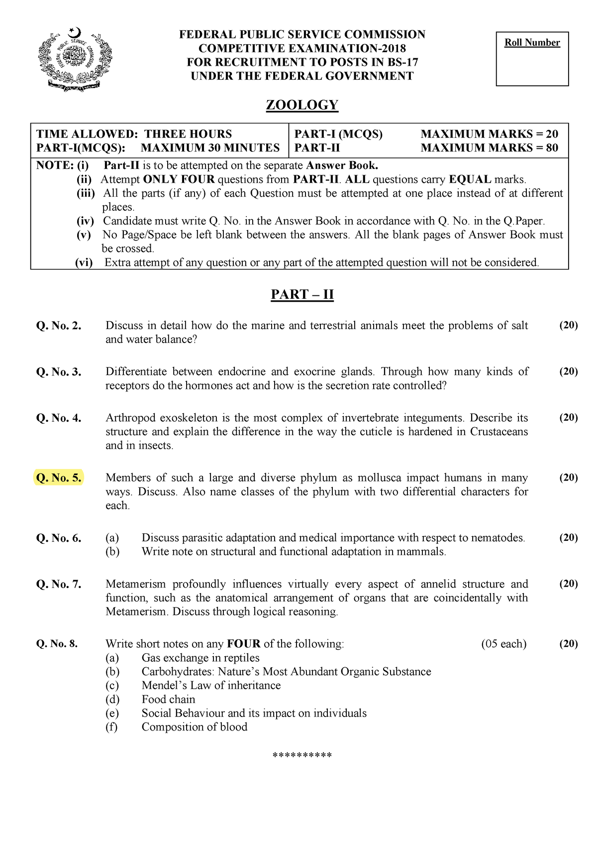 css paper of Zoology - 2010 Zoology-2018 - TIME ALLOWED: THREE HOURS ...