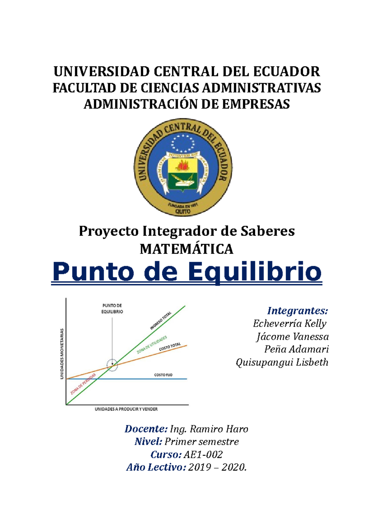 Proyecto Punto De Equilibrio UNIVERSIDAD CENTRAL DEL ECUADOR FACULTAD 