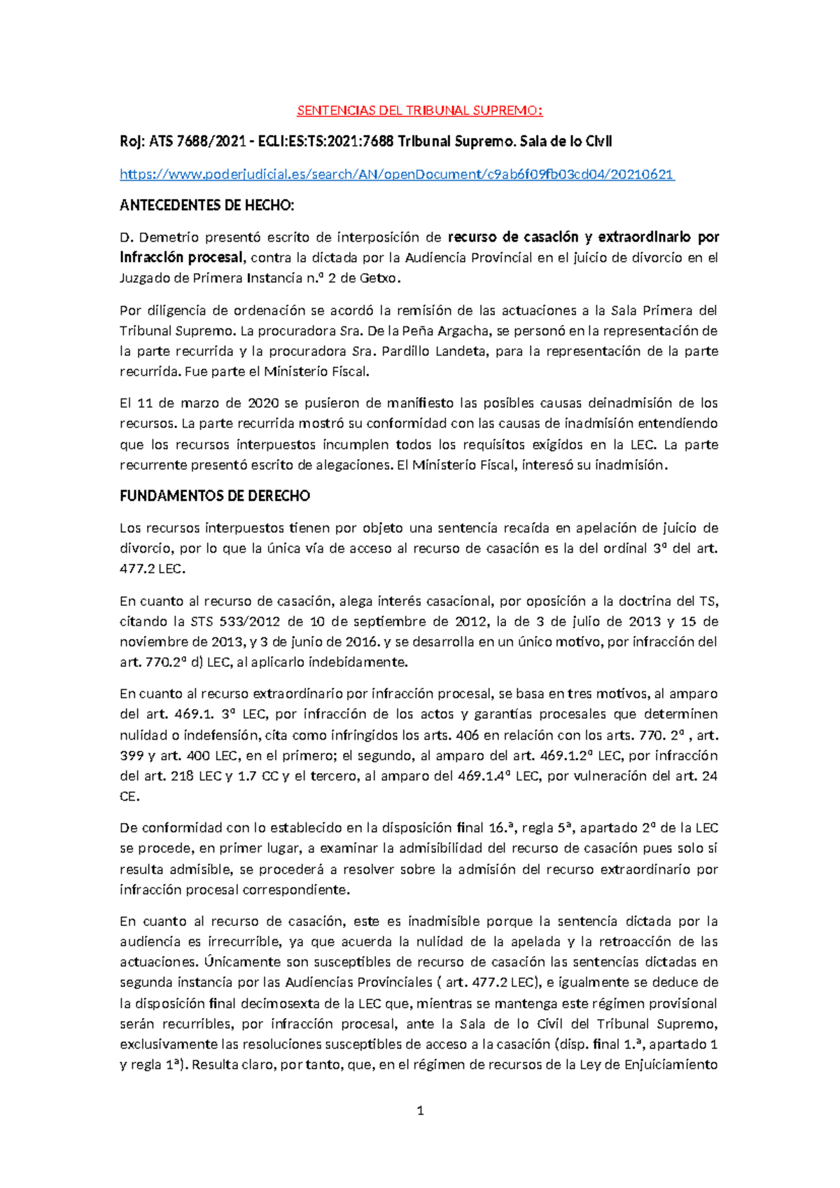 Sentencias DEL Tribunal Supremo n1 - SENTENCIAS DEL TRIBUNAL SUPREMO