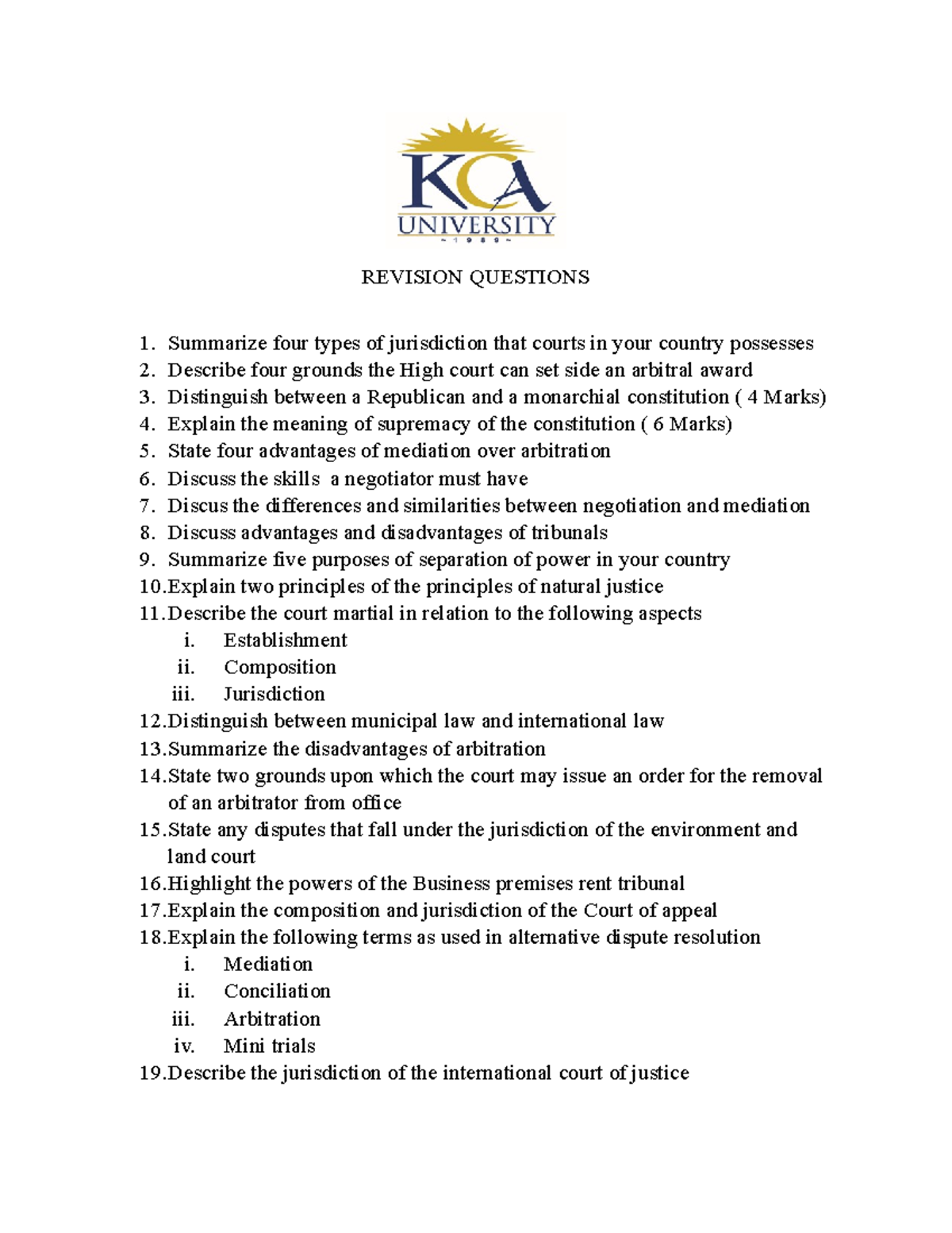 Revision Questions Courts - REVISION QUESTIONS Summarize four types of ...