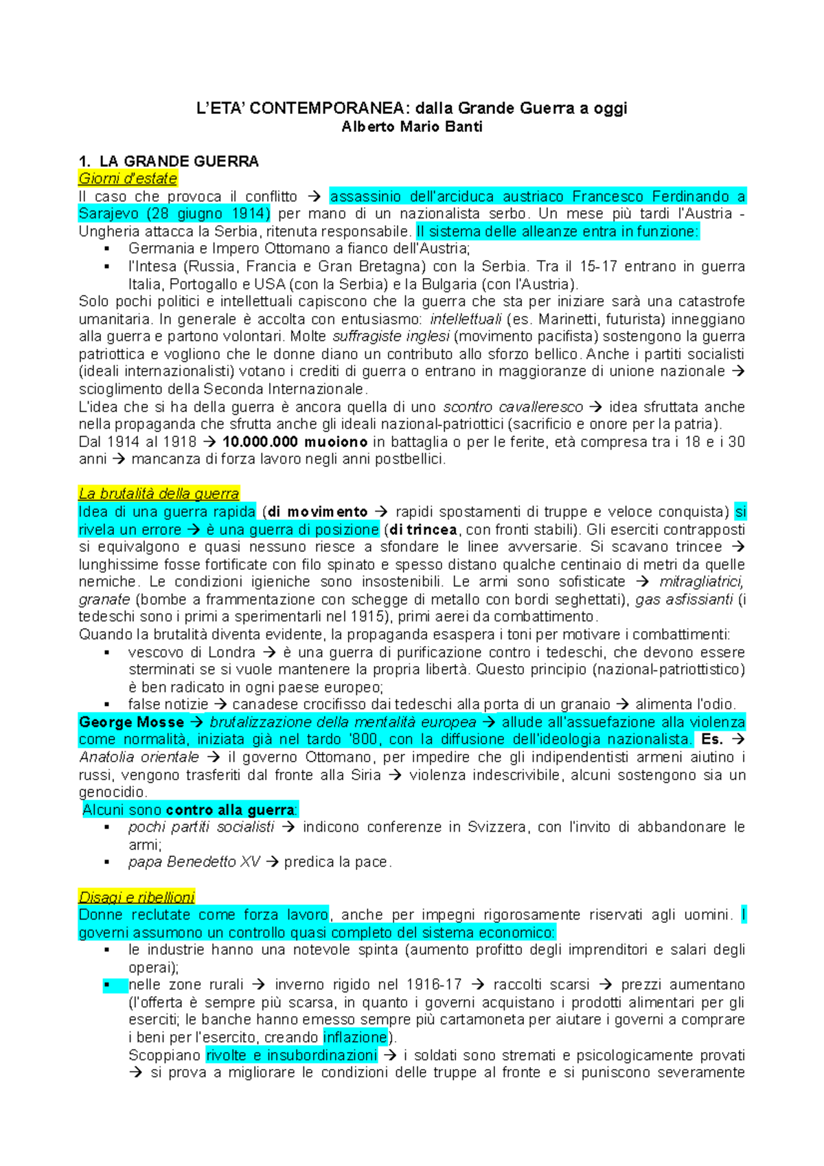 Storia Contemporanea: Dalla Grande Guerra A Oggi
