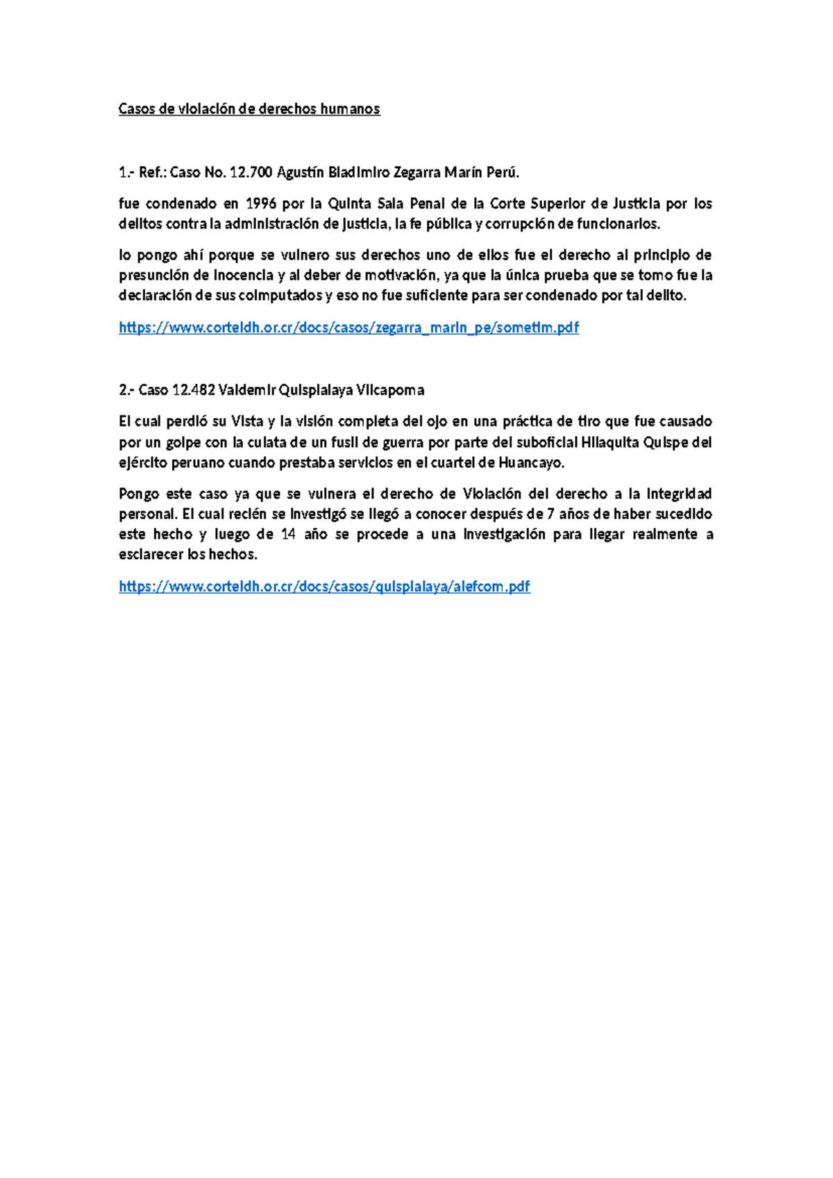 Casos de violación de derechos humanos - Ref.: Caso No. 12 Agustín