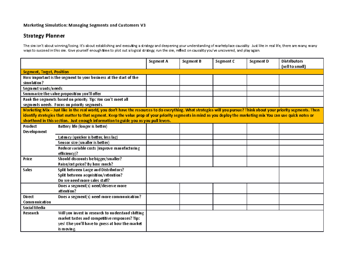 Strategy Planner Template - Marketing Simulation: Managing Segments and