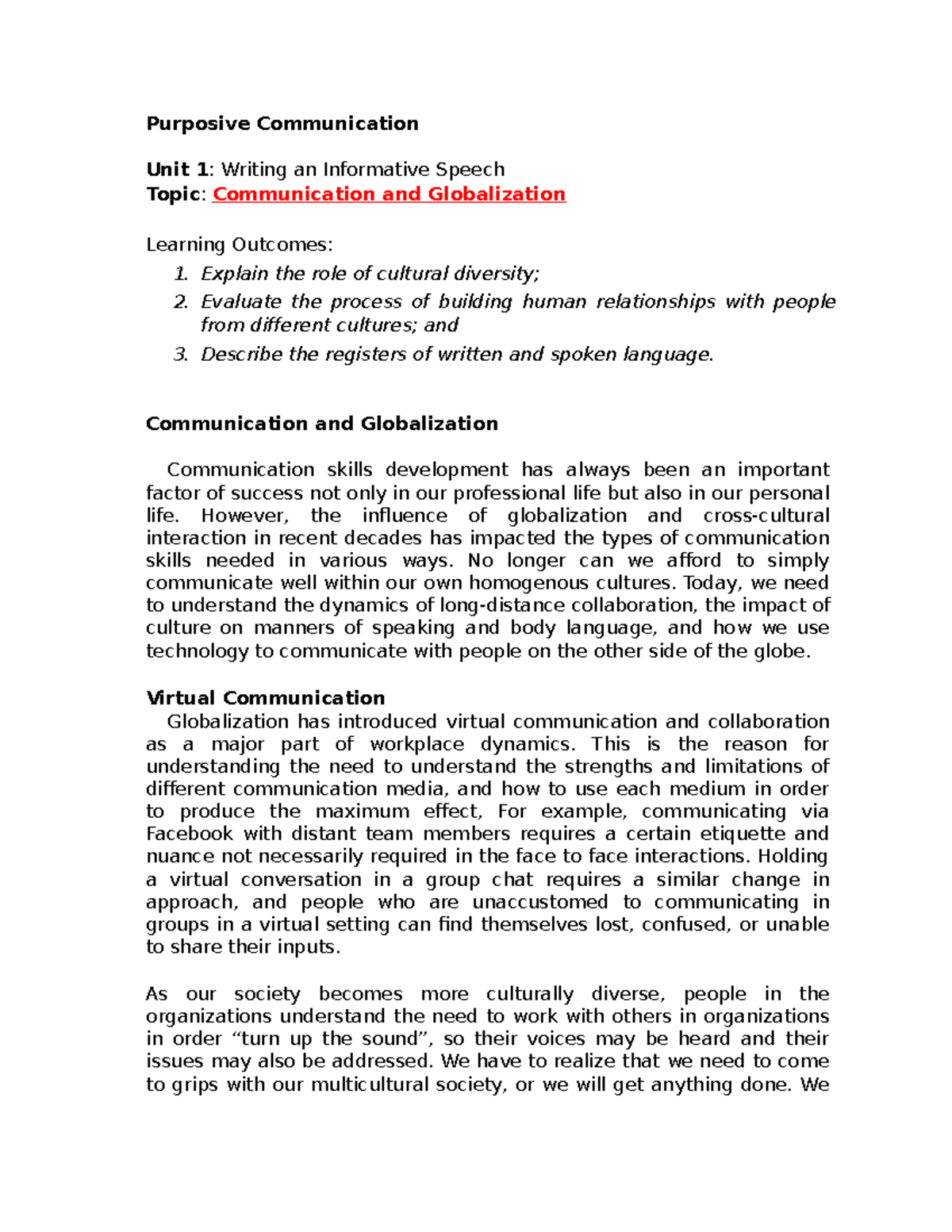 communication and globalization in purposive communication essay