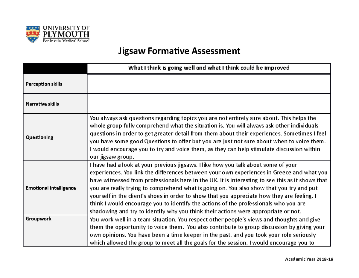 Jigsaw formative feedback example 1 Jigsaw Formative Assessment What