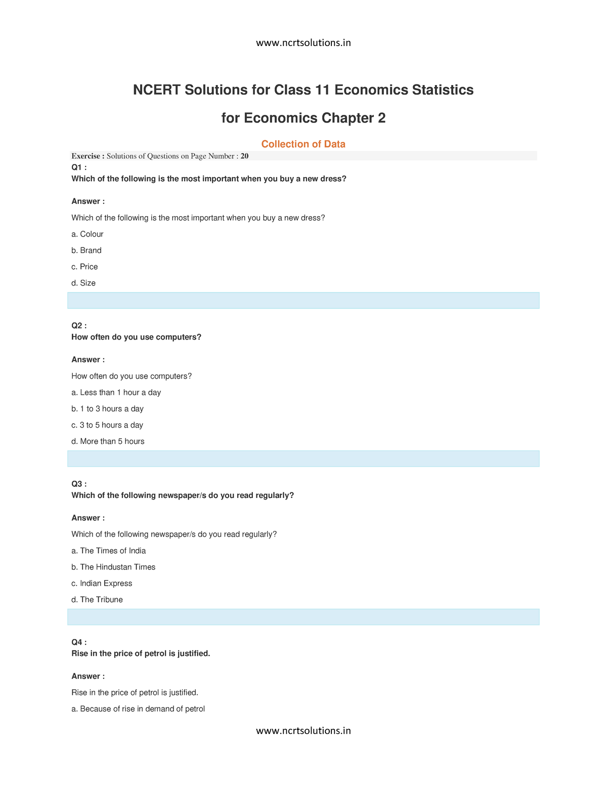 Ncert Solutions For Class 11 Economics Statistics Chapter 2 - NCERT ...