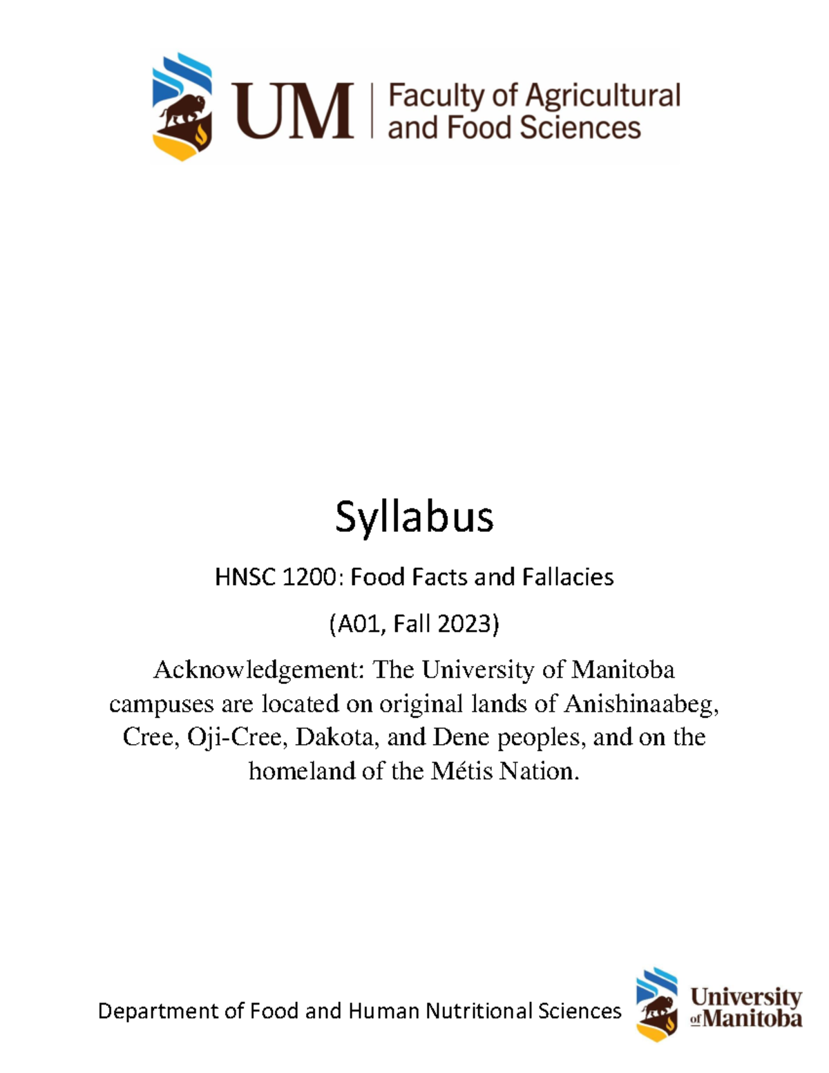 HNSC 1200 A01 Fall 2023 CN - Department of Food and Human Nutritional ...