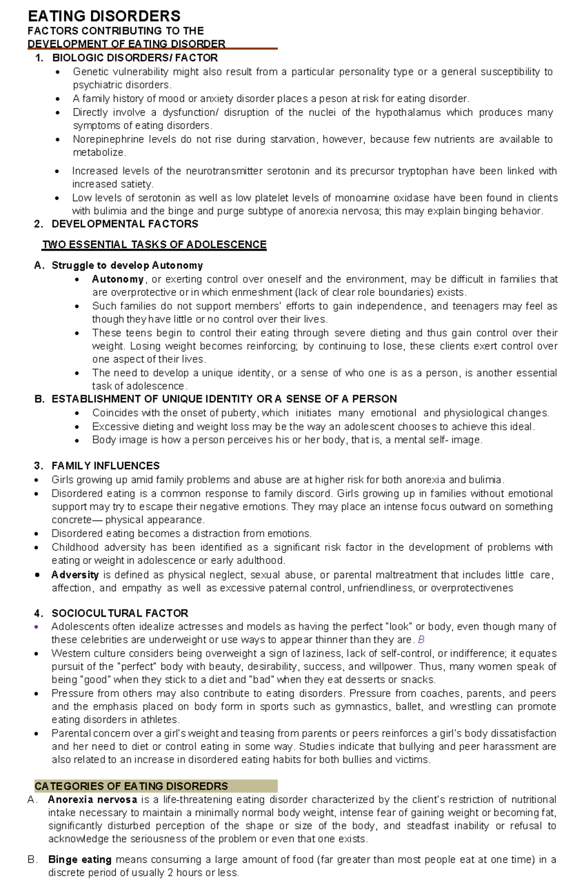 Eating Disorders EATING DISORDERS FACTORS CONTRIBUTING TO THE