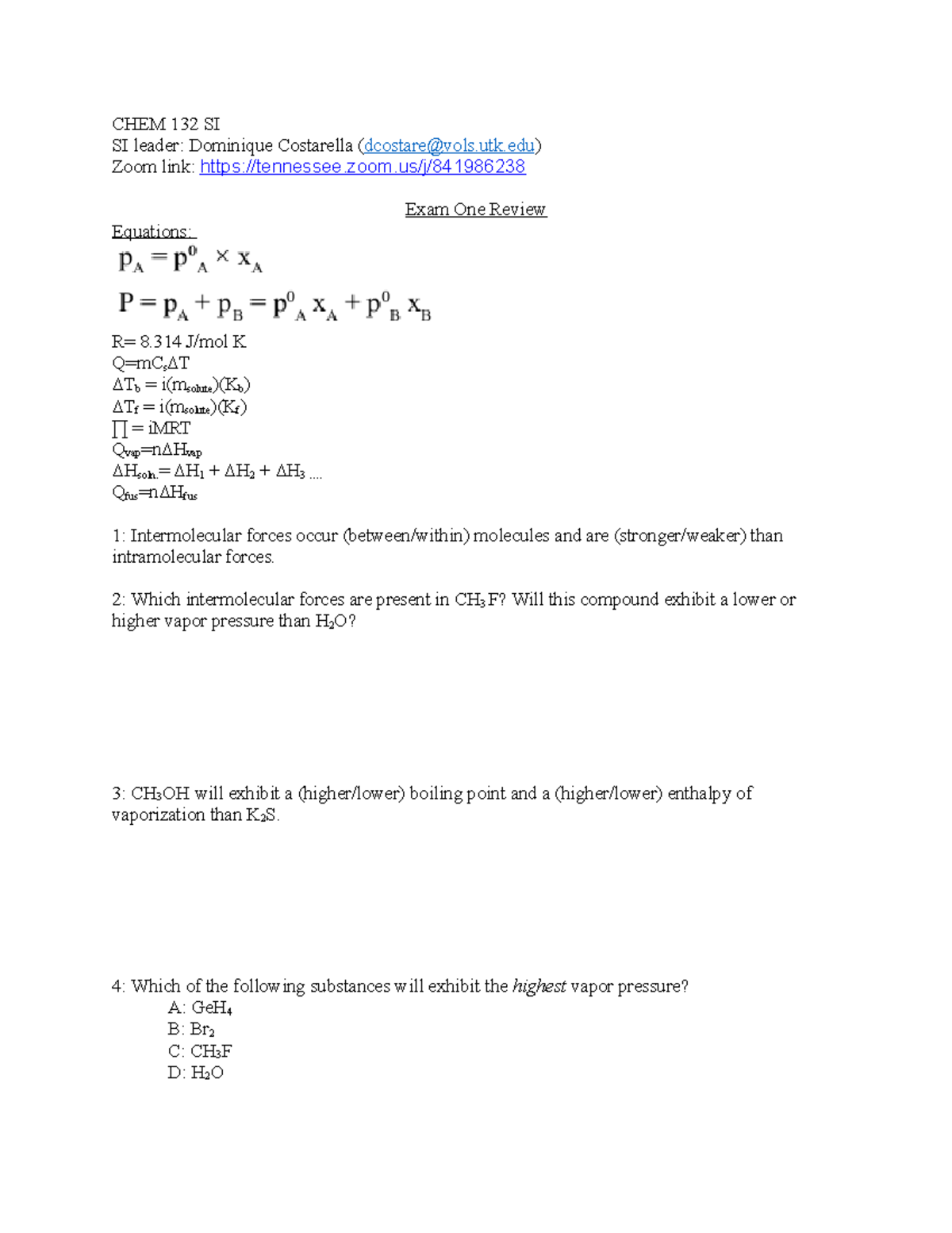 CHEM 132 SI - Exam 1 Review - CHEM 132 SI SI leader: Dominique ...