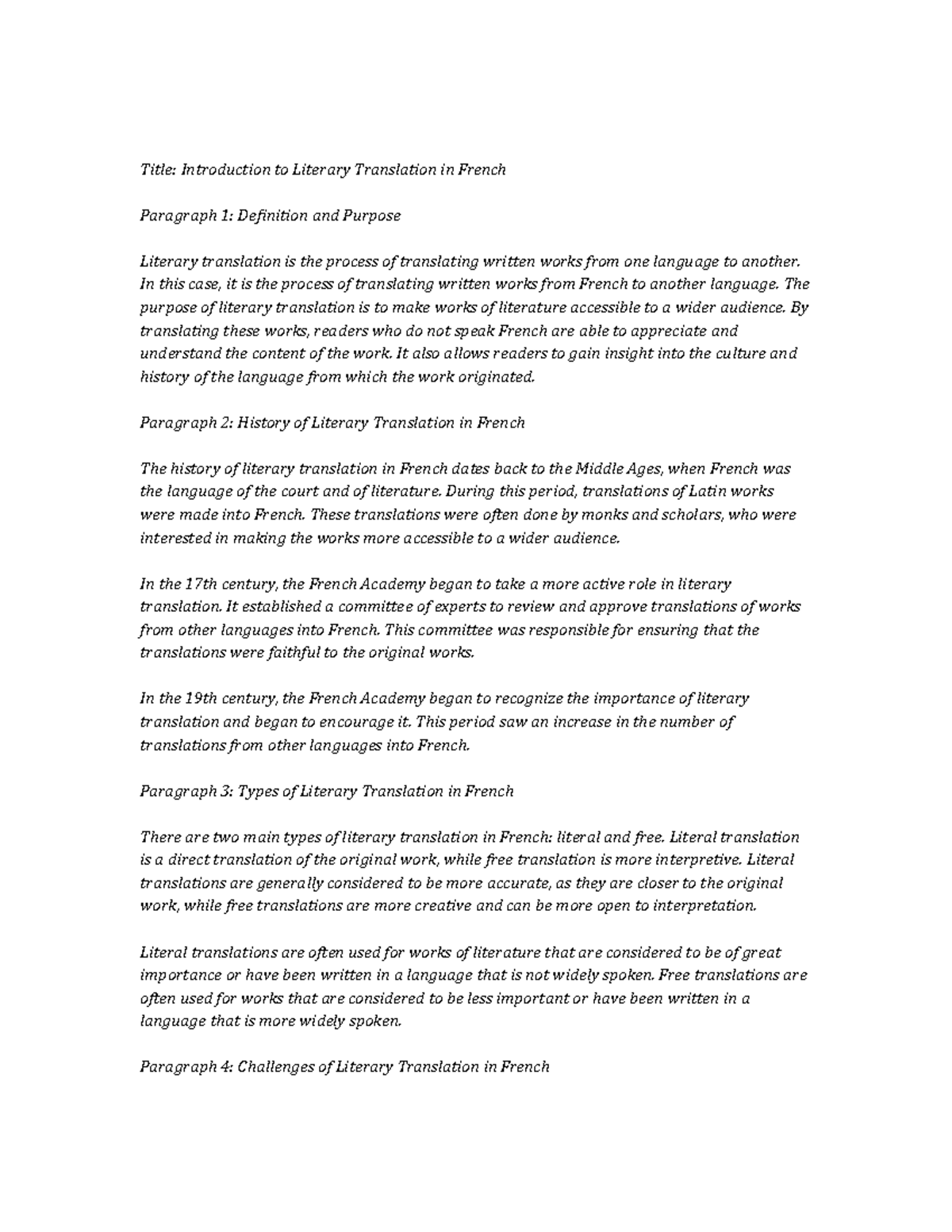 Literary Translation Notes de cours - Title: Introduction to Literary ...